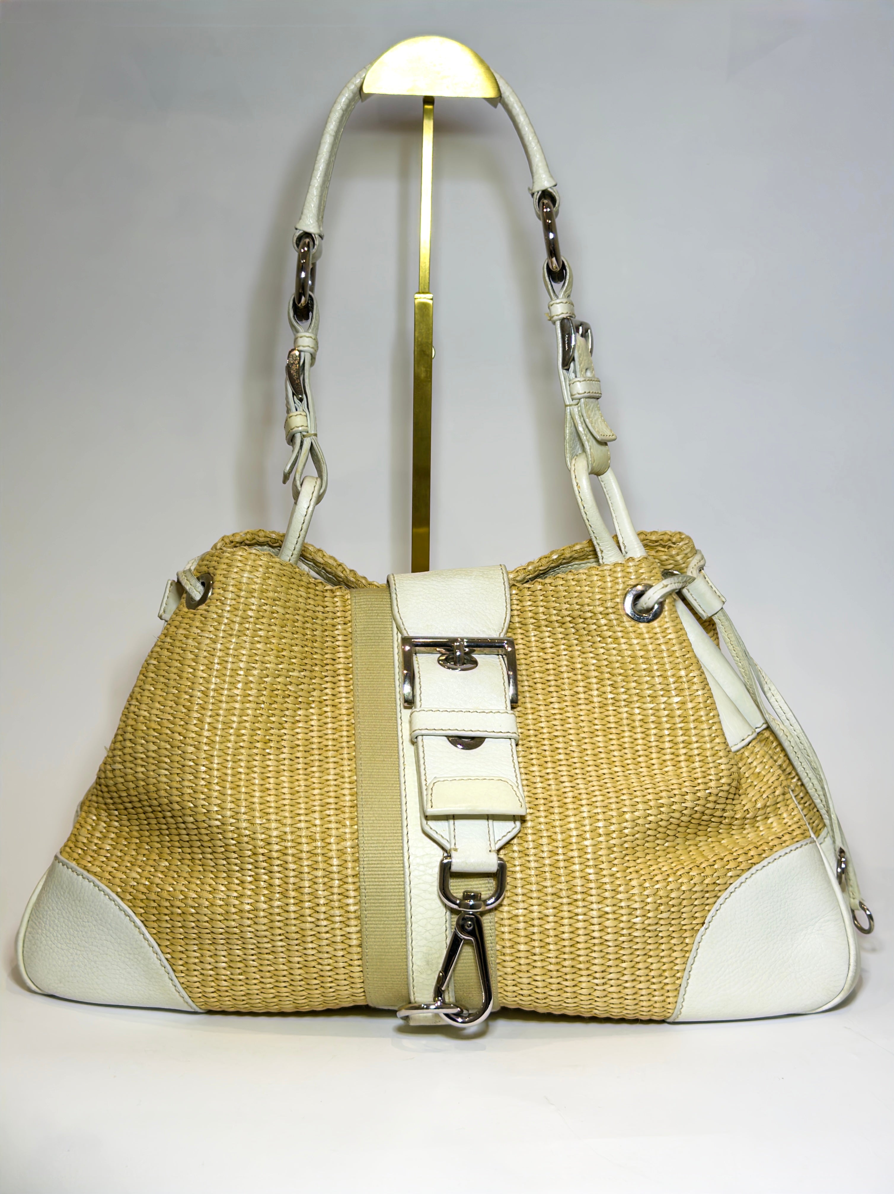 Prada Raffia & Leather White Shoulder Bag