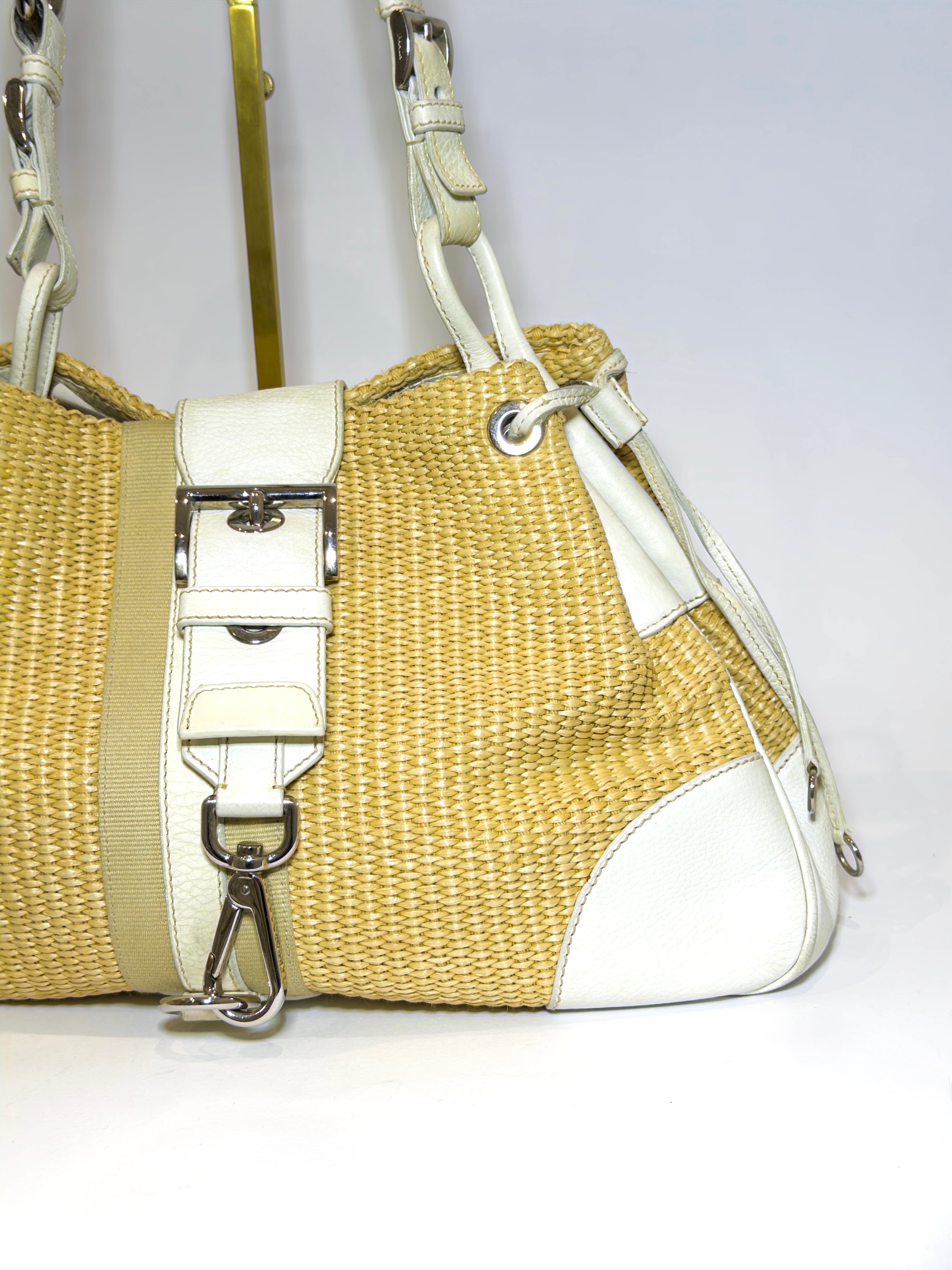 Prada Raffia & Leather White Shoulder Bag