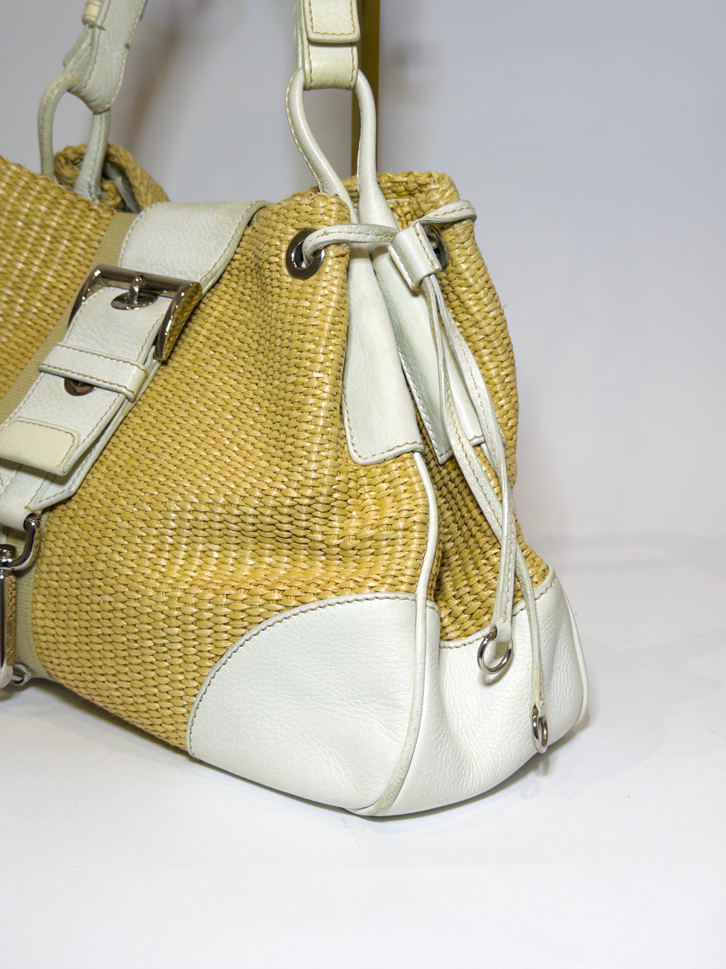 Prada Raffia & Leather White Shoulder Bag