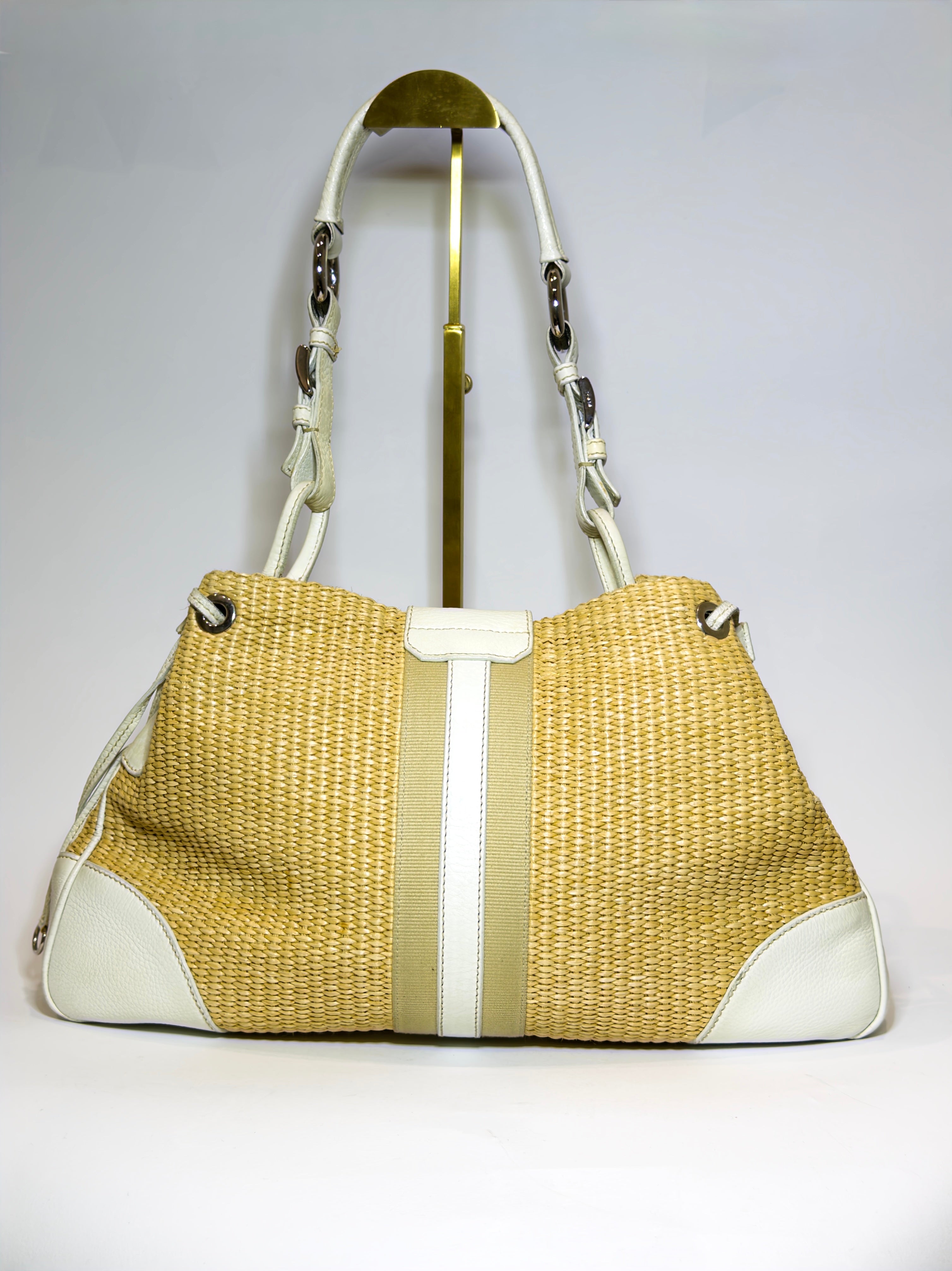 Prada Raffia & Leather White Shoulder Bag