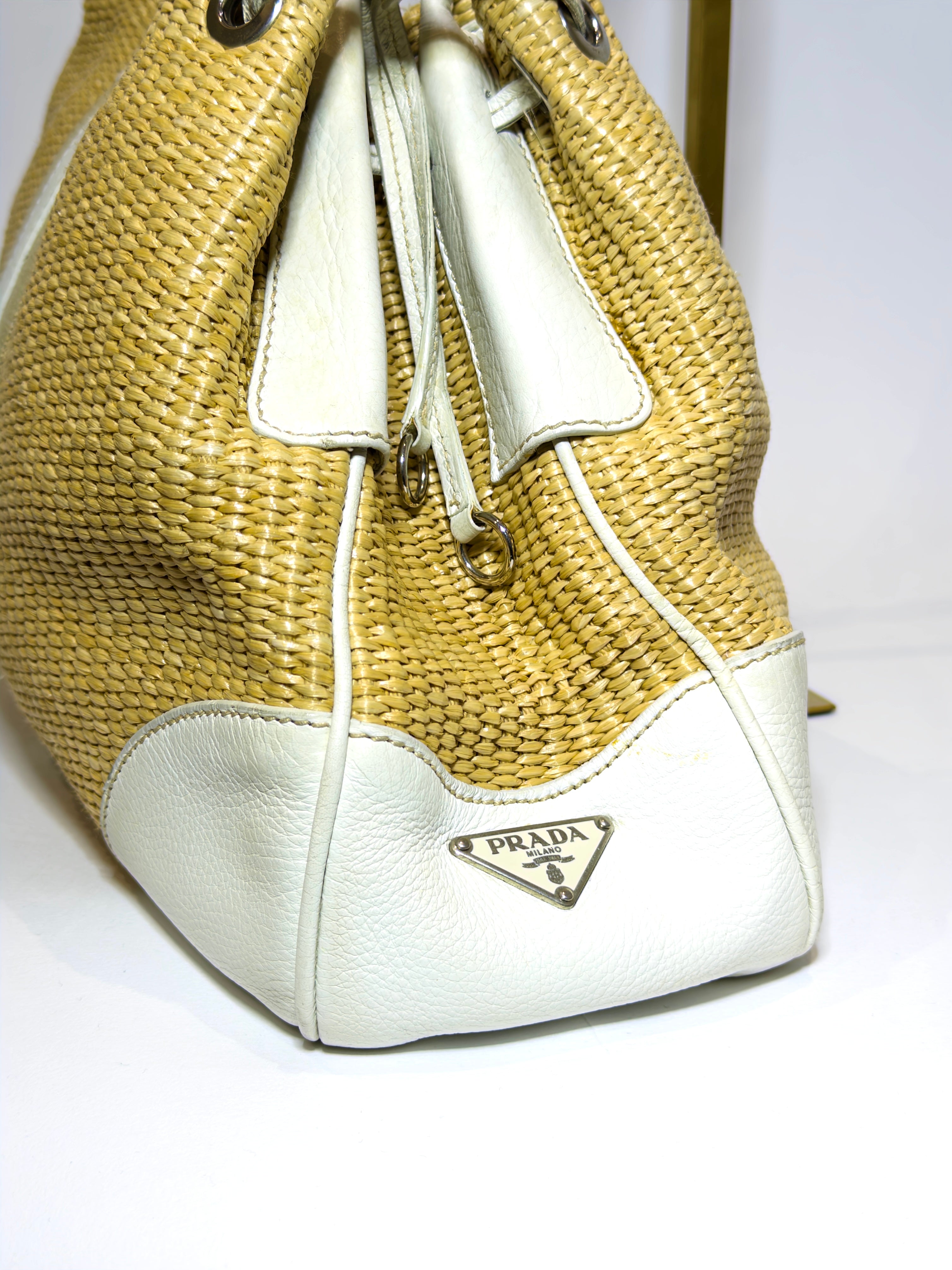 Prada Raffia & Leather White Shoulder Bag