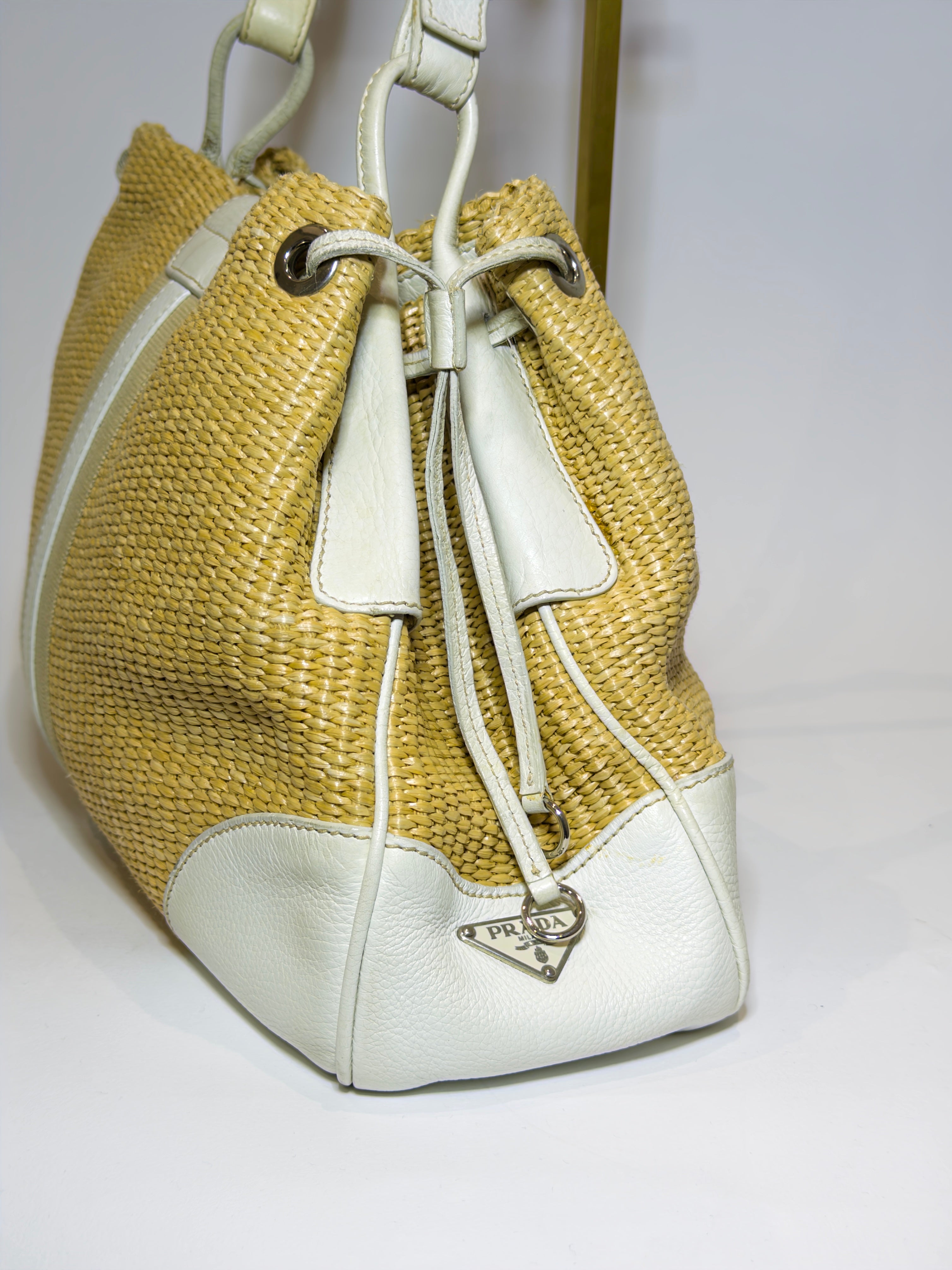 Prada Raffia & Leather White Shoulder Bag