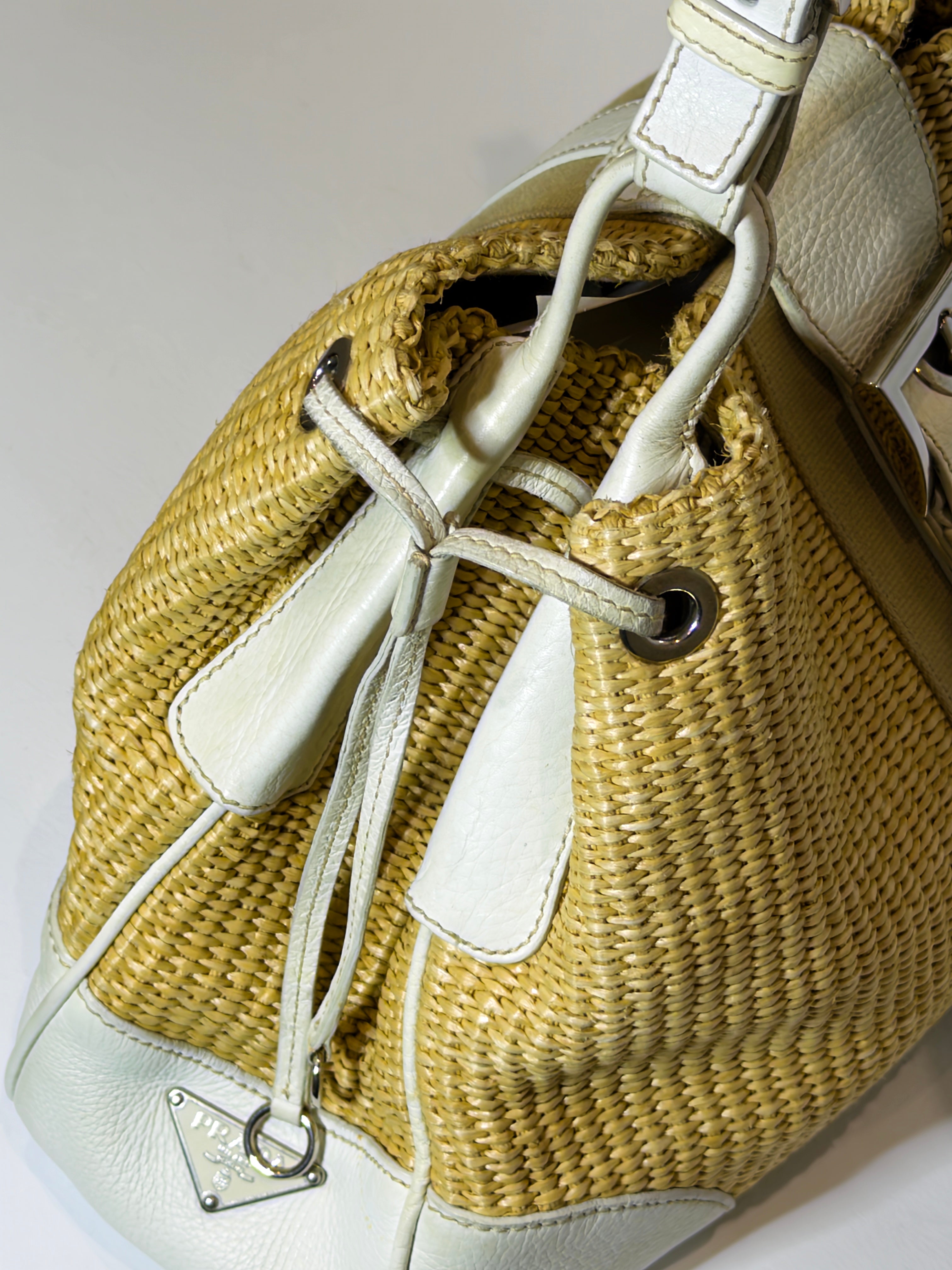 Prada Raffia & Leather White Shoulder Bag