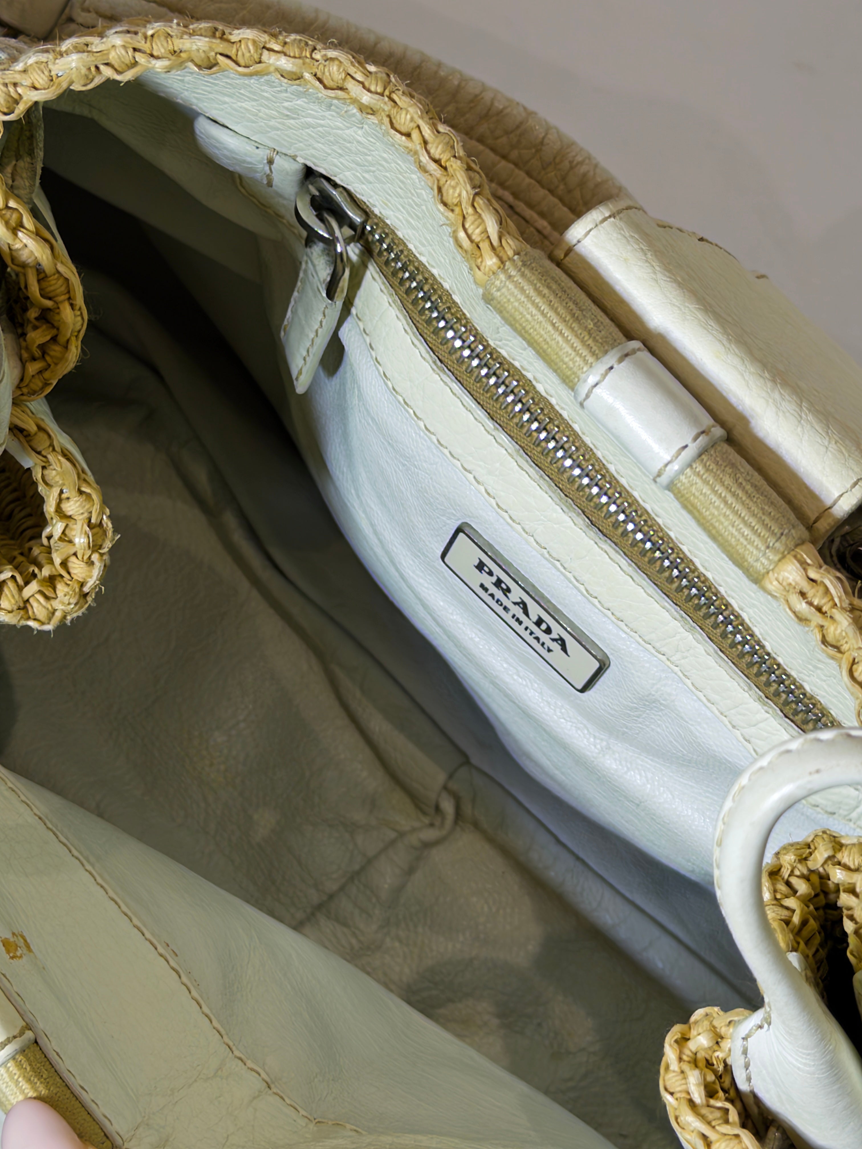 Prada Raffia & Leather White Shoulder Bag