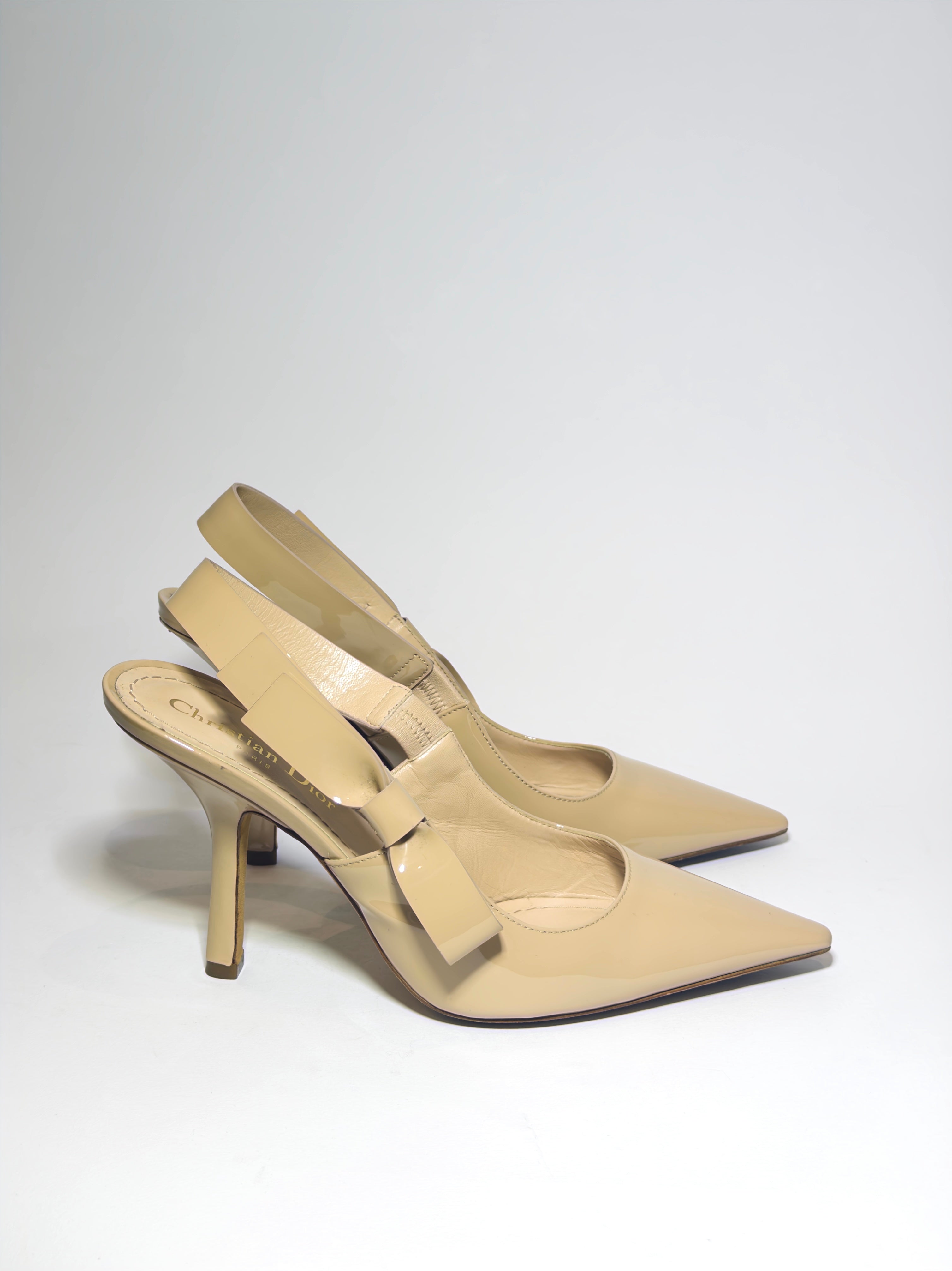 Dior Beige Patent Sling Back Pumps