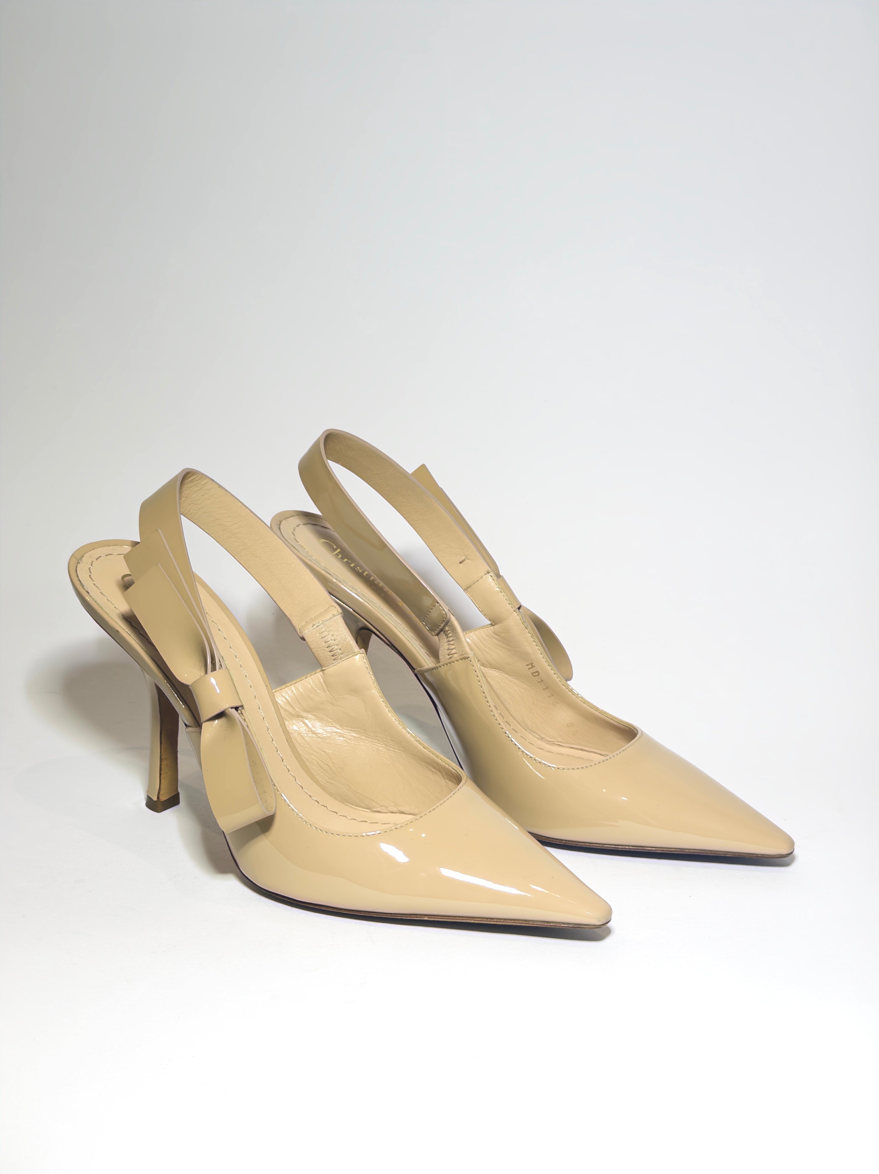 Dior Beige Patent Sling Back Pumps