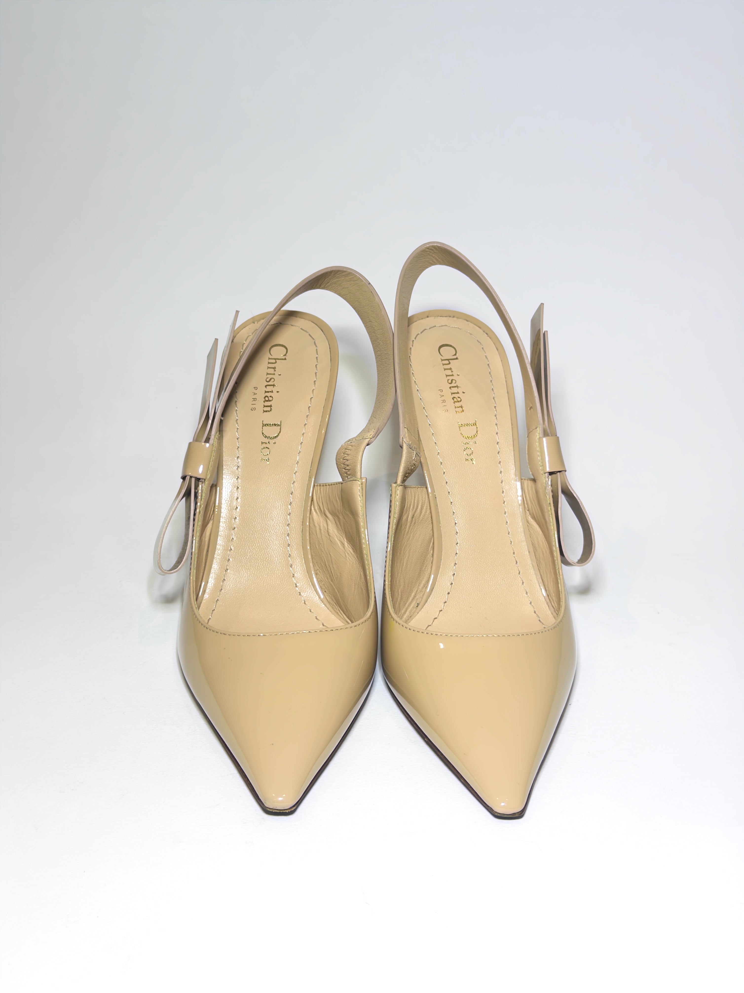 Dior Beige Patent Sling Back Pumps