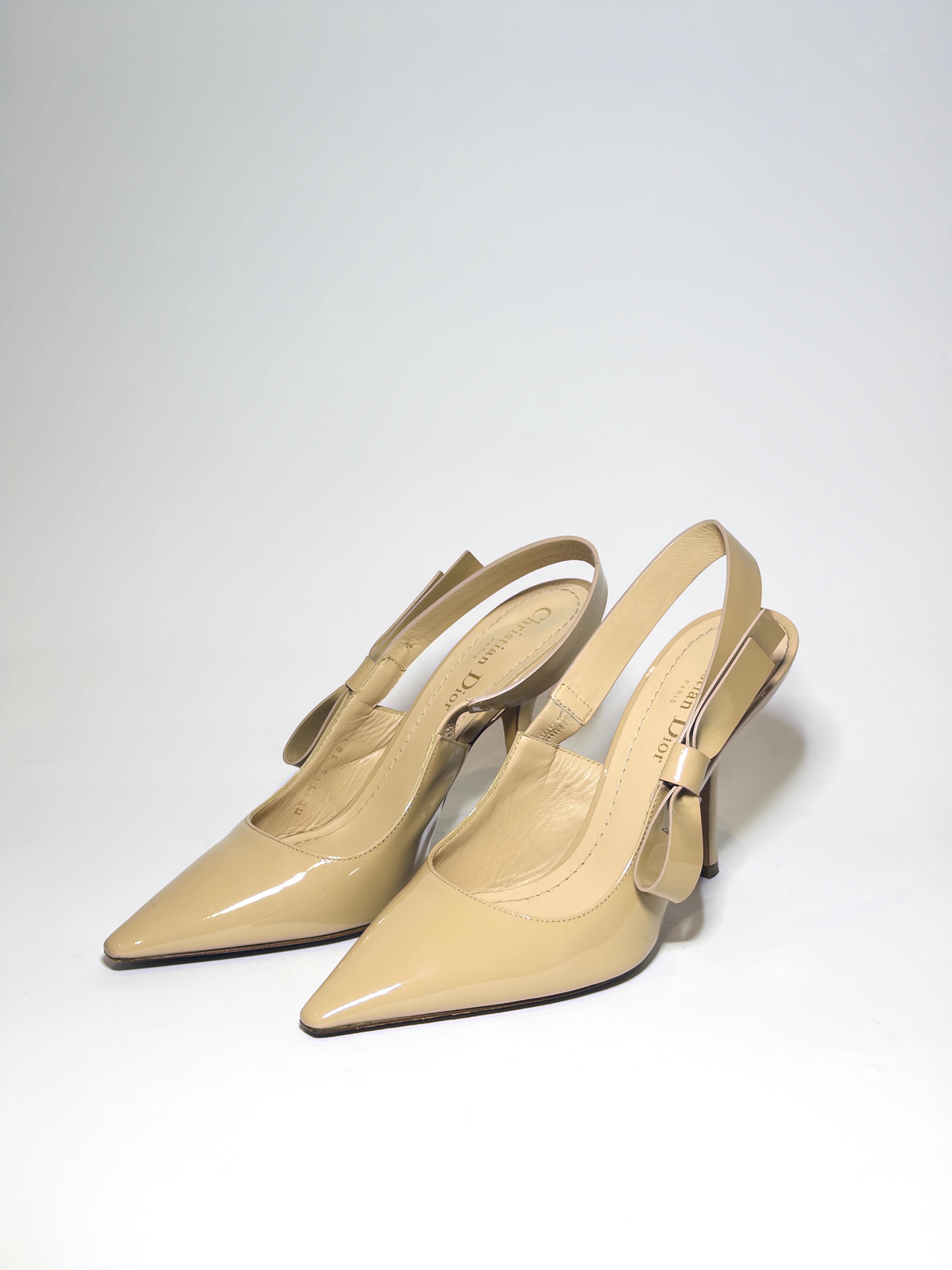 Dior Beige Patent Sling Back Pumps