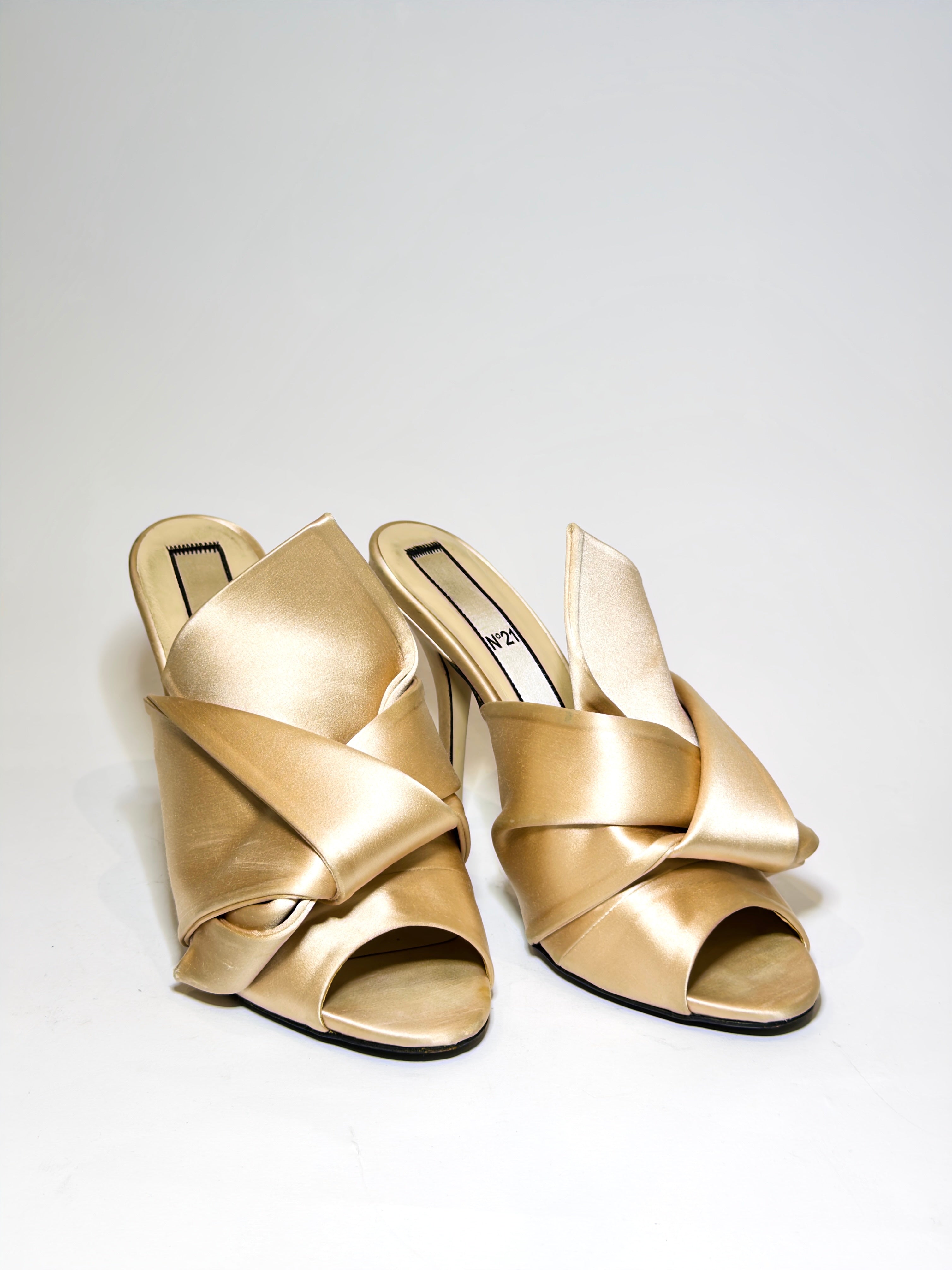 N21 Beige Satin Knot Peep-toe Mules