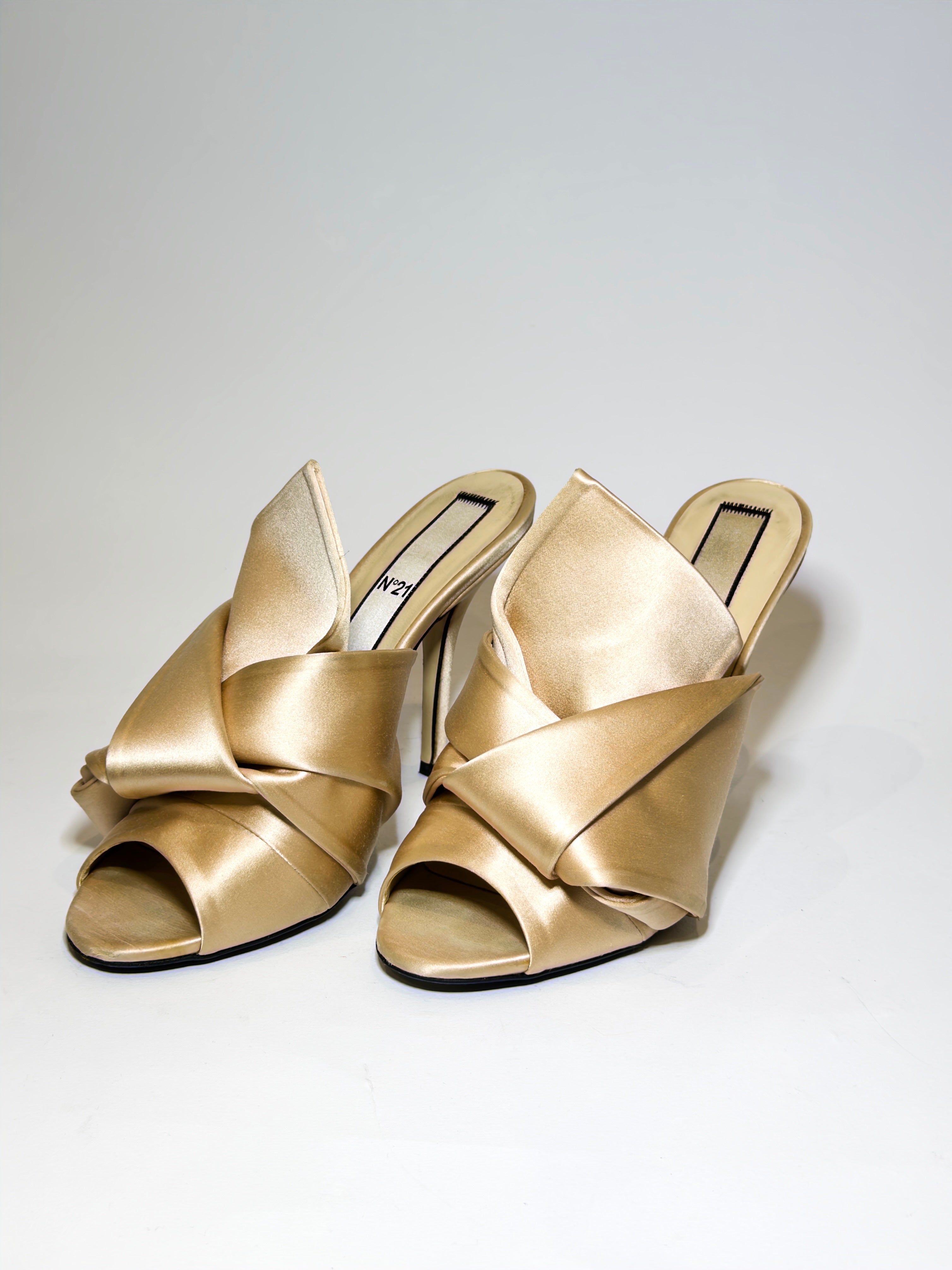 N21 Beige Satin Knot Peep-toe Mules