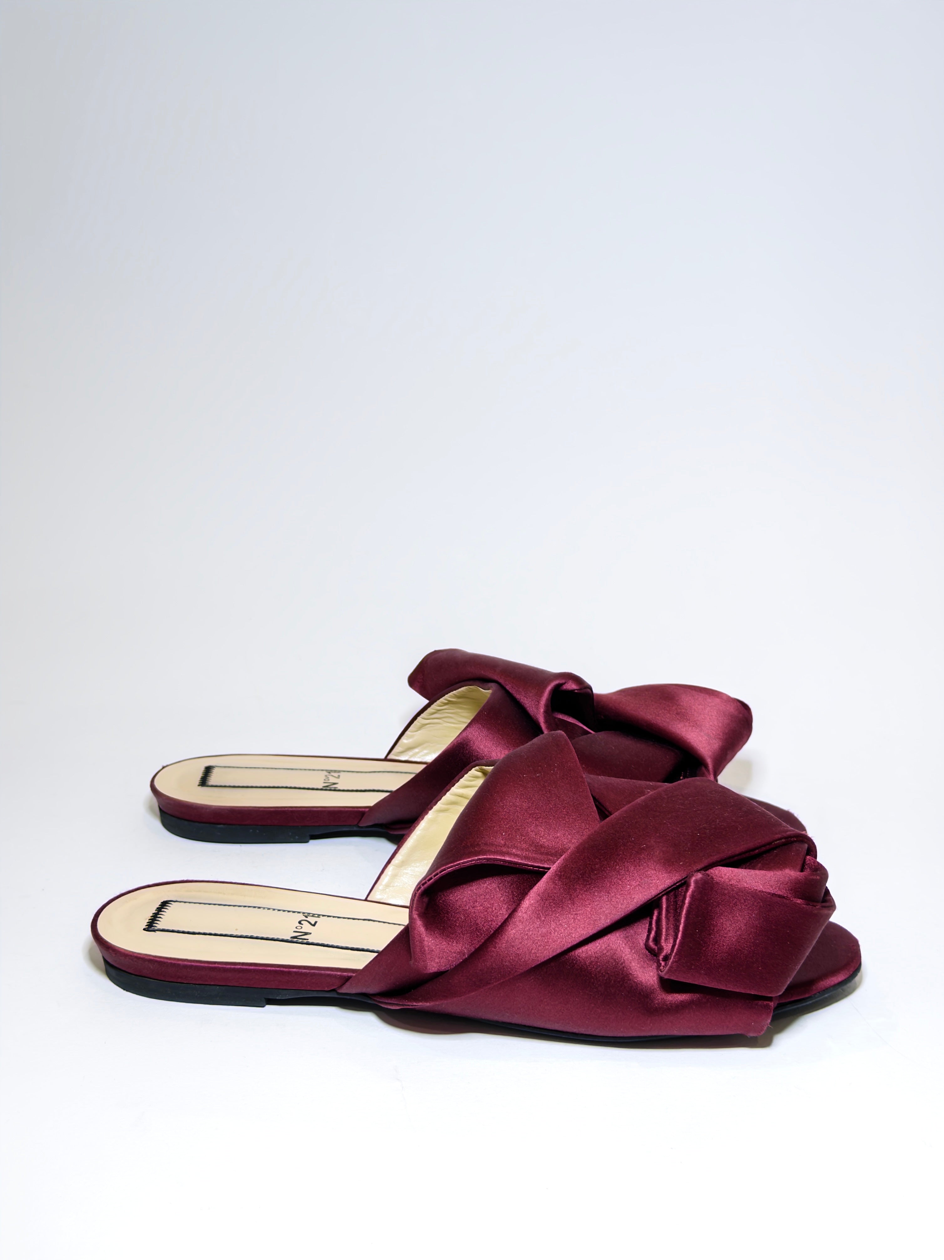 N21 Burgundy Satin Knot Flat Slides