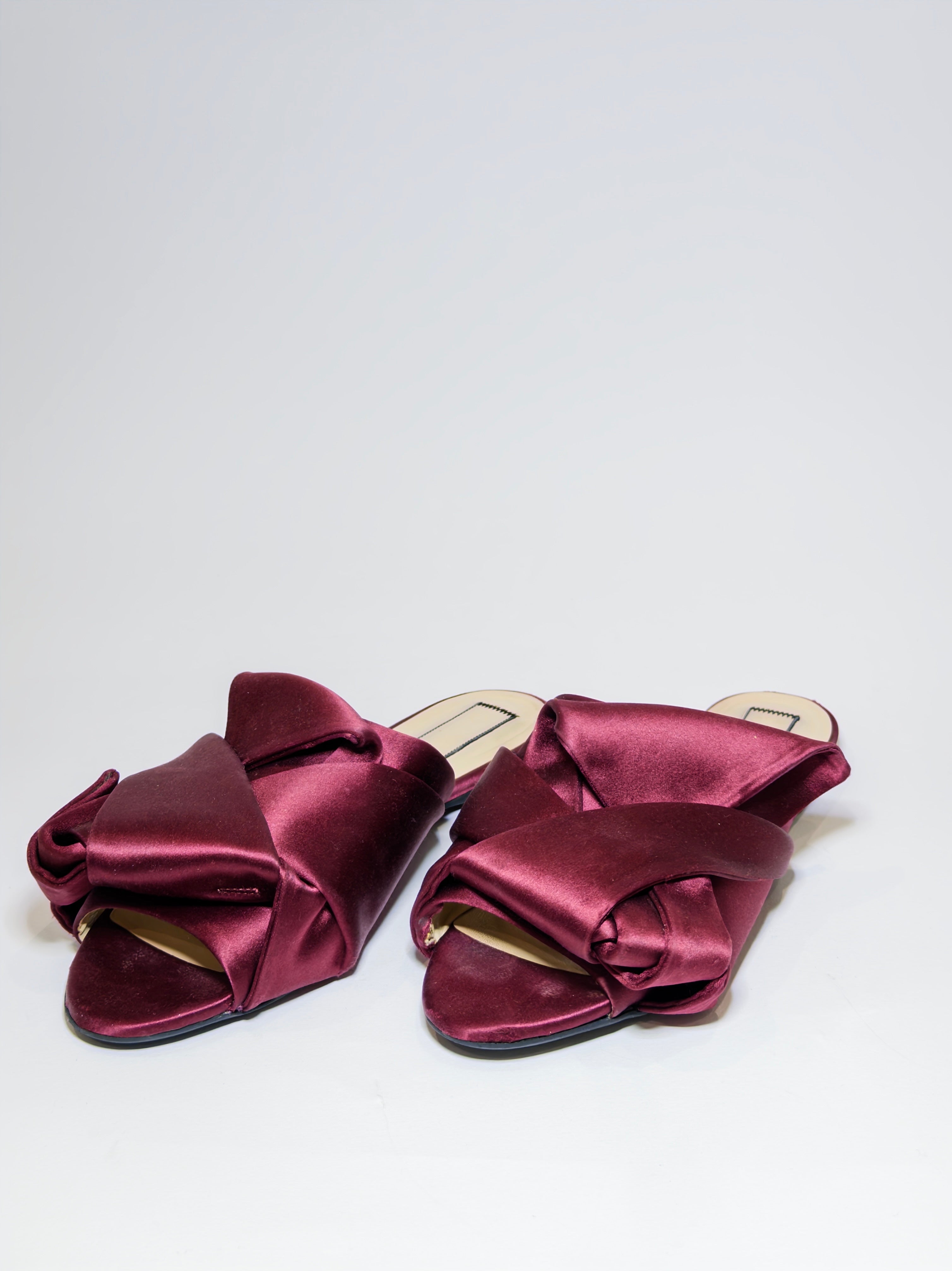 N21 Burgundy Satin Knot Flat Slides