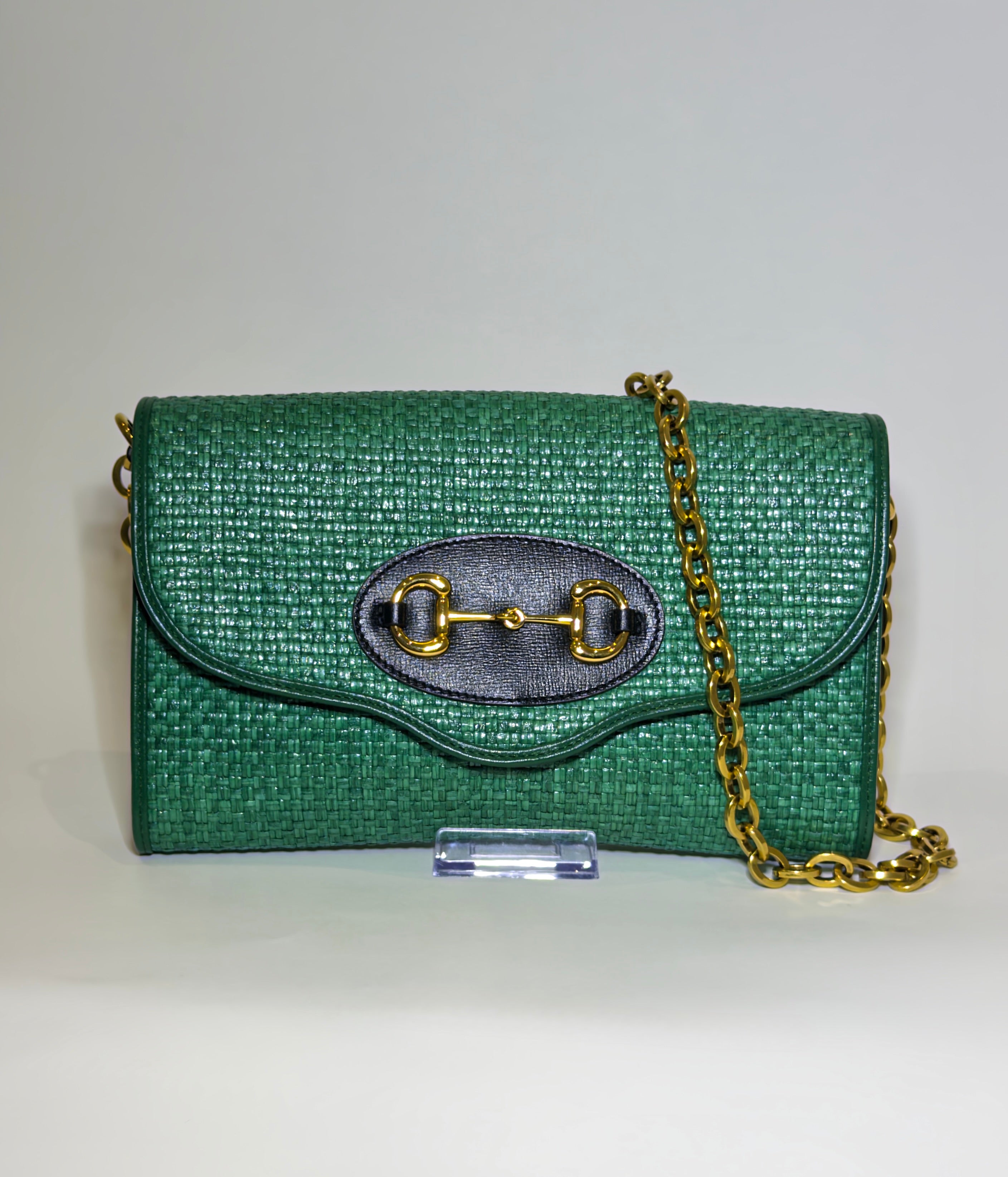 Gucci Green Raffia Horsebit Chain Shoulder Bag