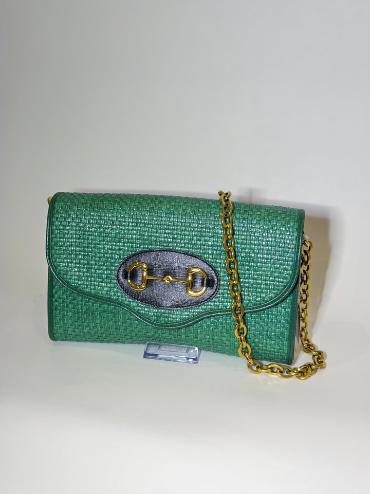 Gucci Green Raffia Horsebit Chain Shoulder Bag