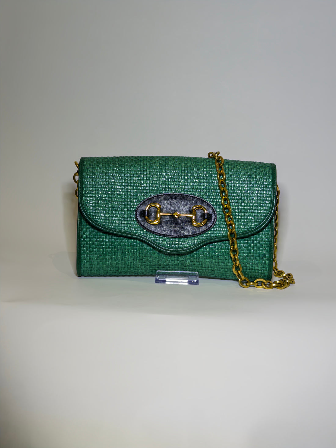 Gucci Green Raffia Horsebit Chain Shoulder Bag