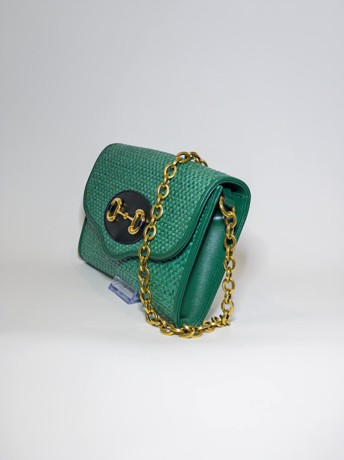 Gucci Green Raffia Horsebit Chain Shoulder Bag