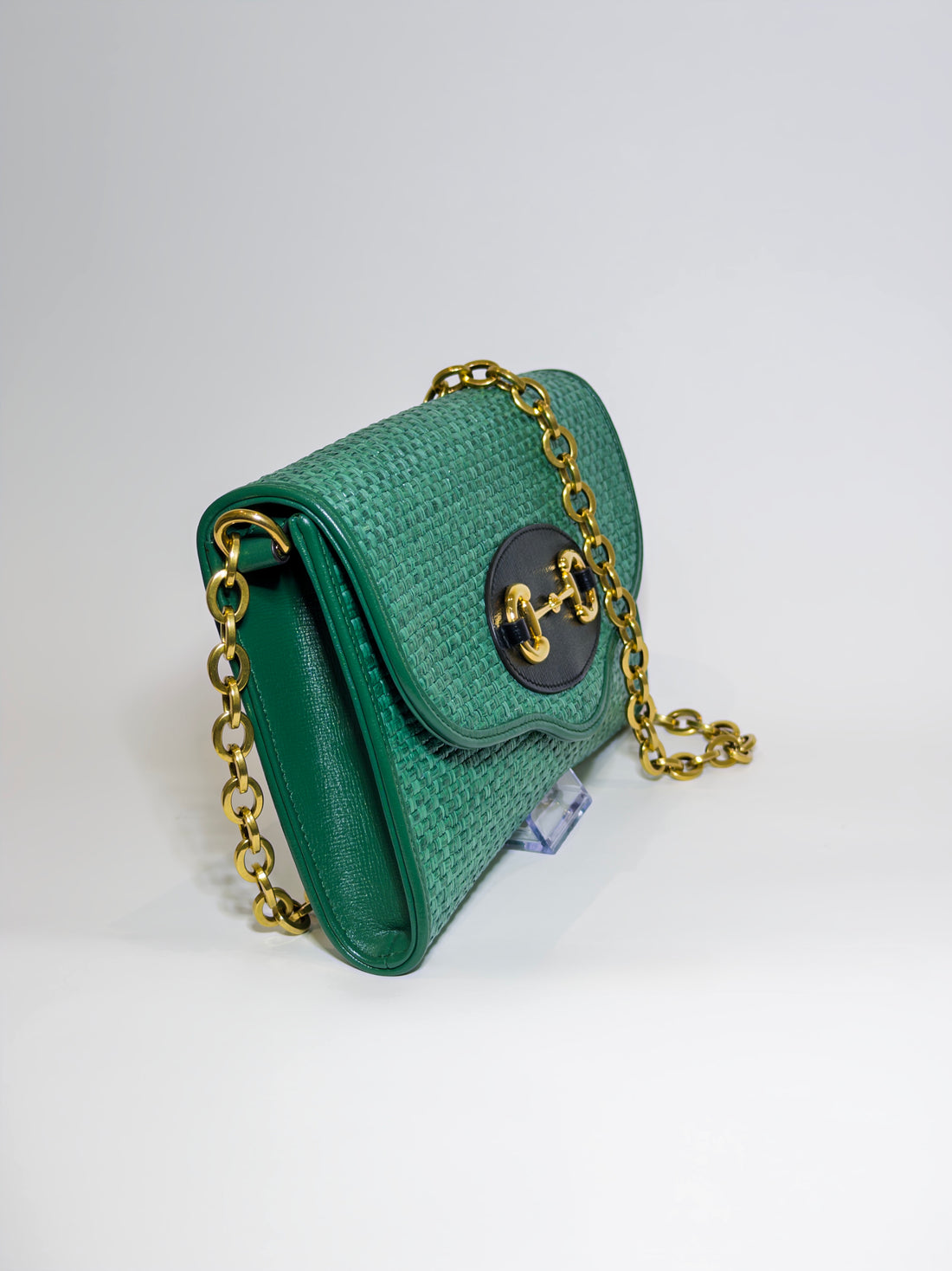 Gucci Green Raffia Horsebit Chain Shoulder Bag