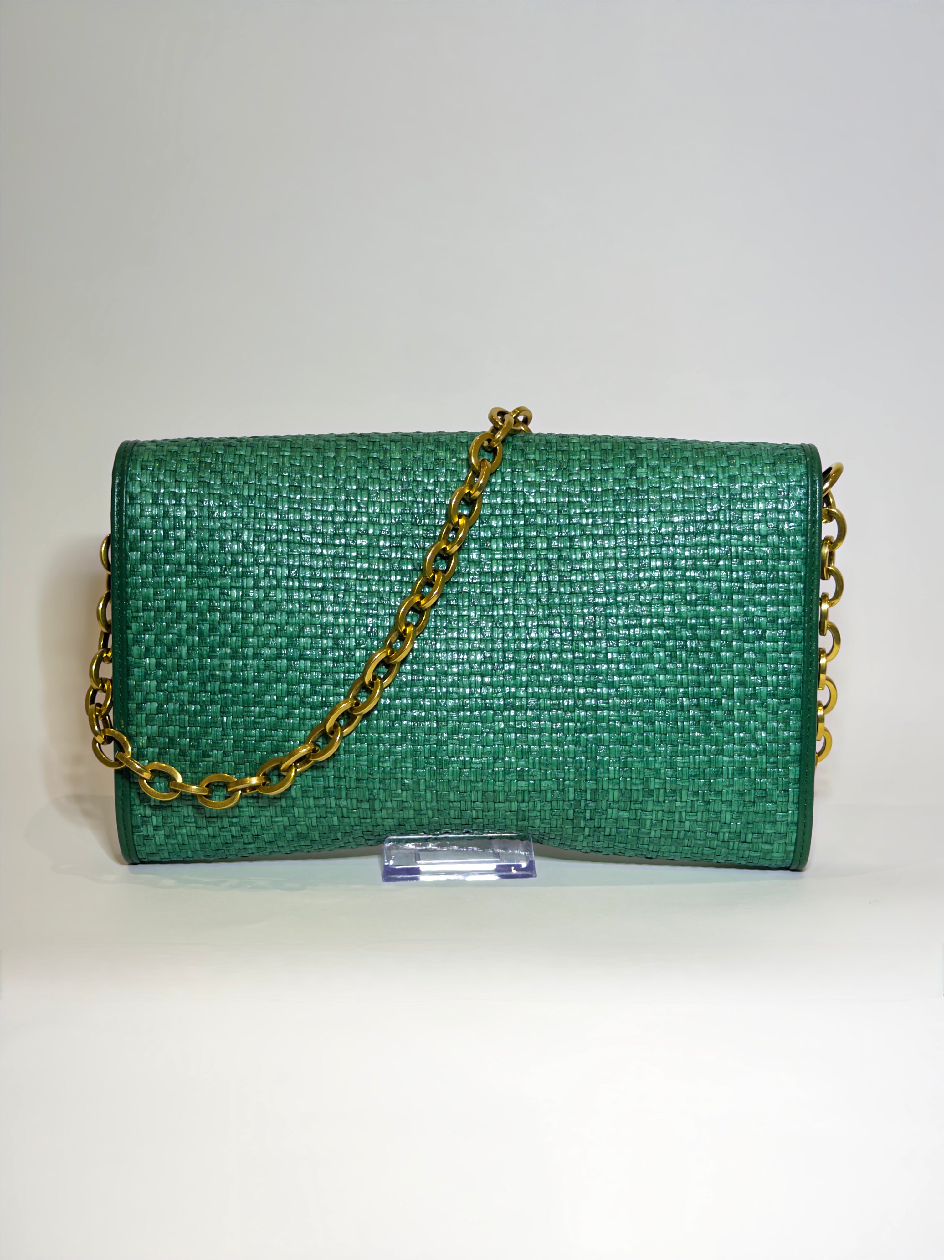 Gucci Green Raffia Horsebit Chain Shoulder Bag