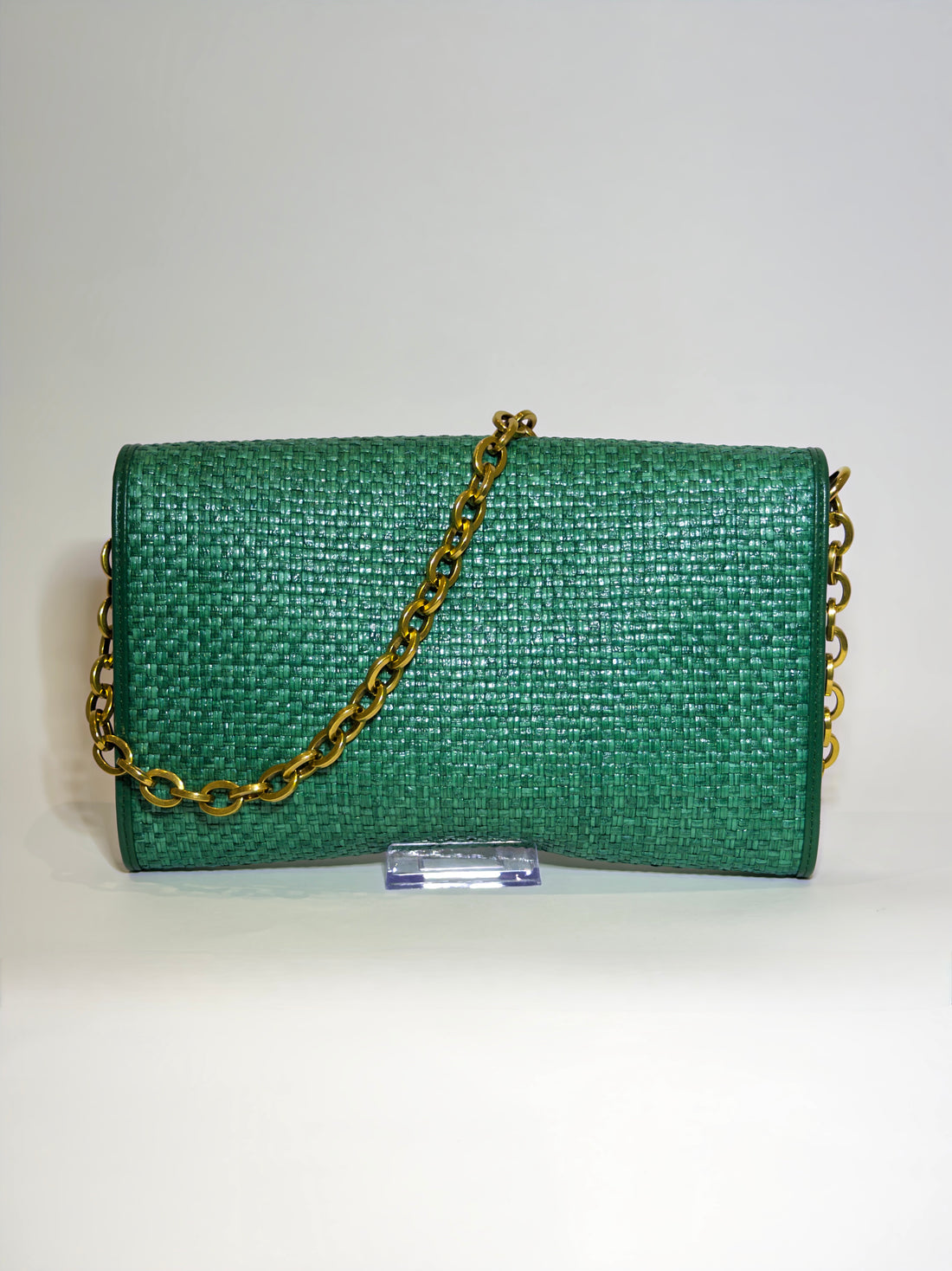 Gucci Green Raffia Horsebit Chain Shoulder Bag