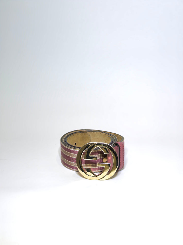 Gucci Pink Canvas Stripe Interlocking G Belt