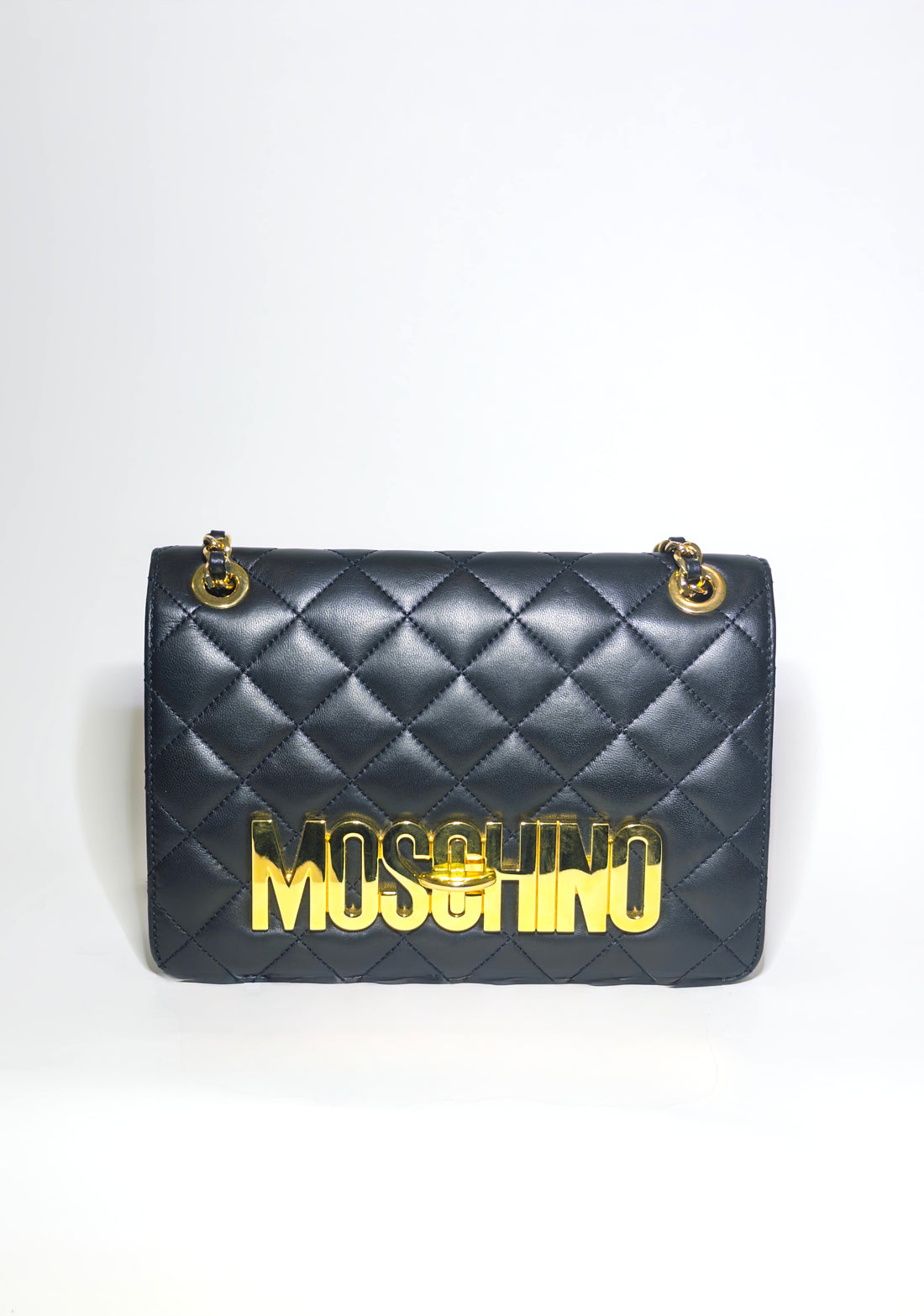 Moschino Black Quilted Leather Logo Flap Shoulder Bag