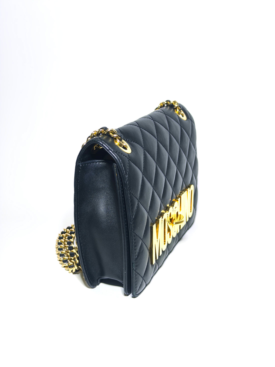 Moschino Black Quilted Leather Logo Flap Shoulder Bag