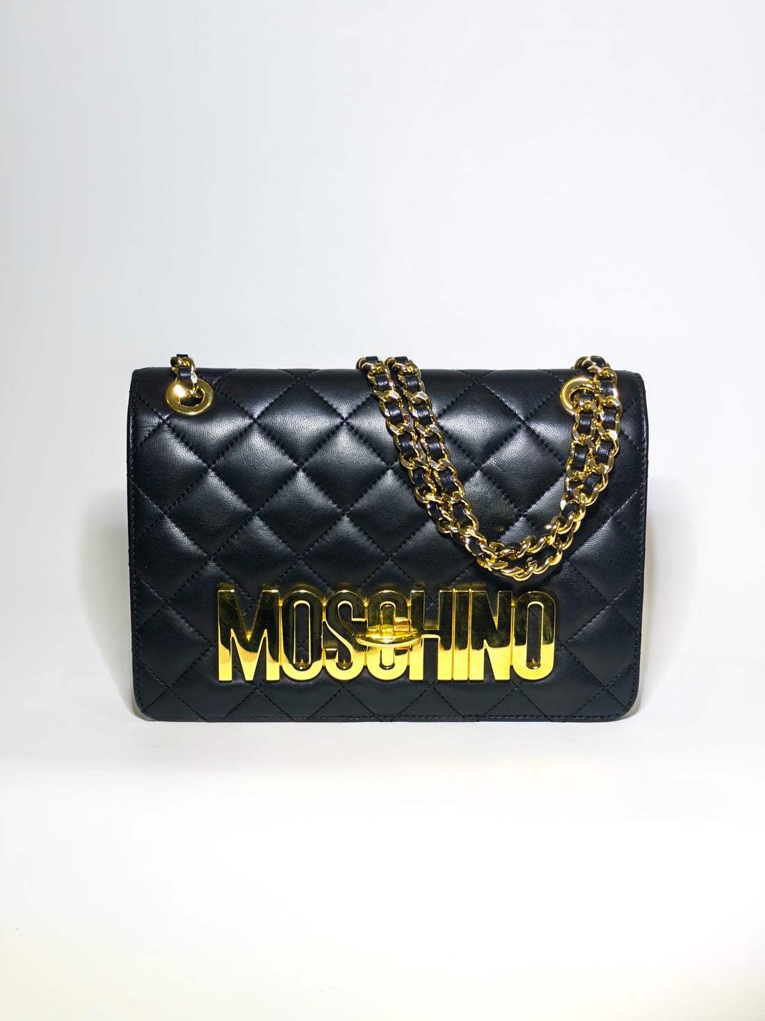 Moschino Black Quilted Leather Logo Flap Shoulder Bag