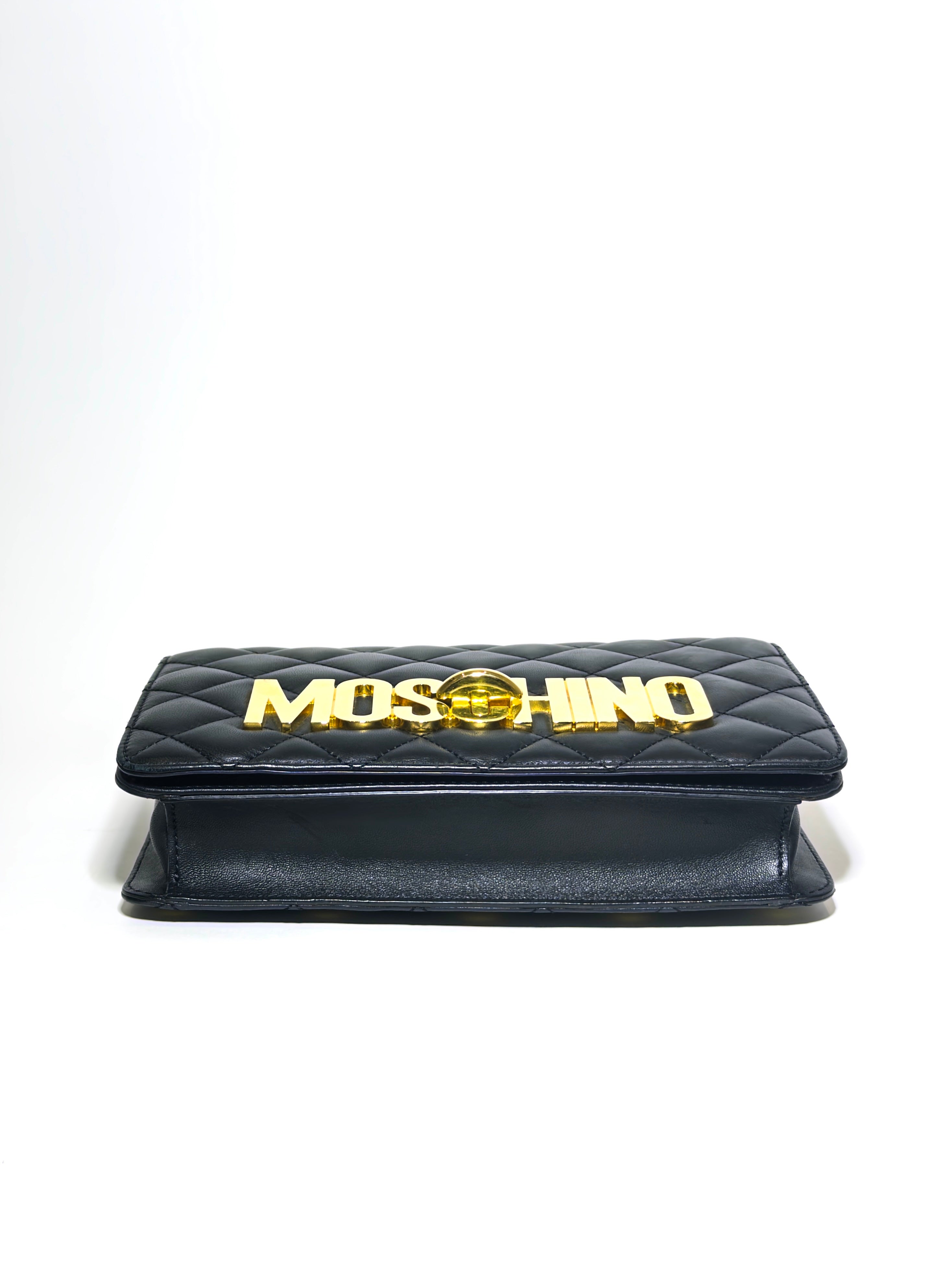 Moschino Black Quilted Leather Logo Flap Shoulder Bag