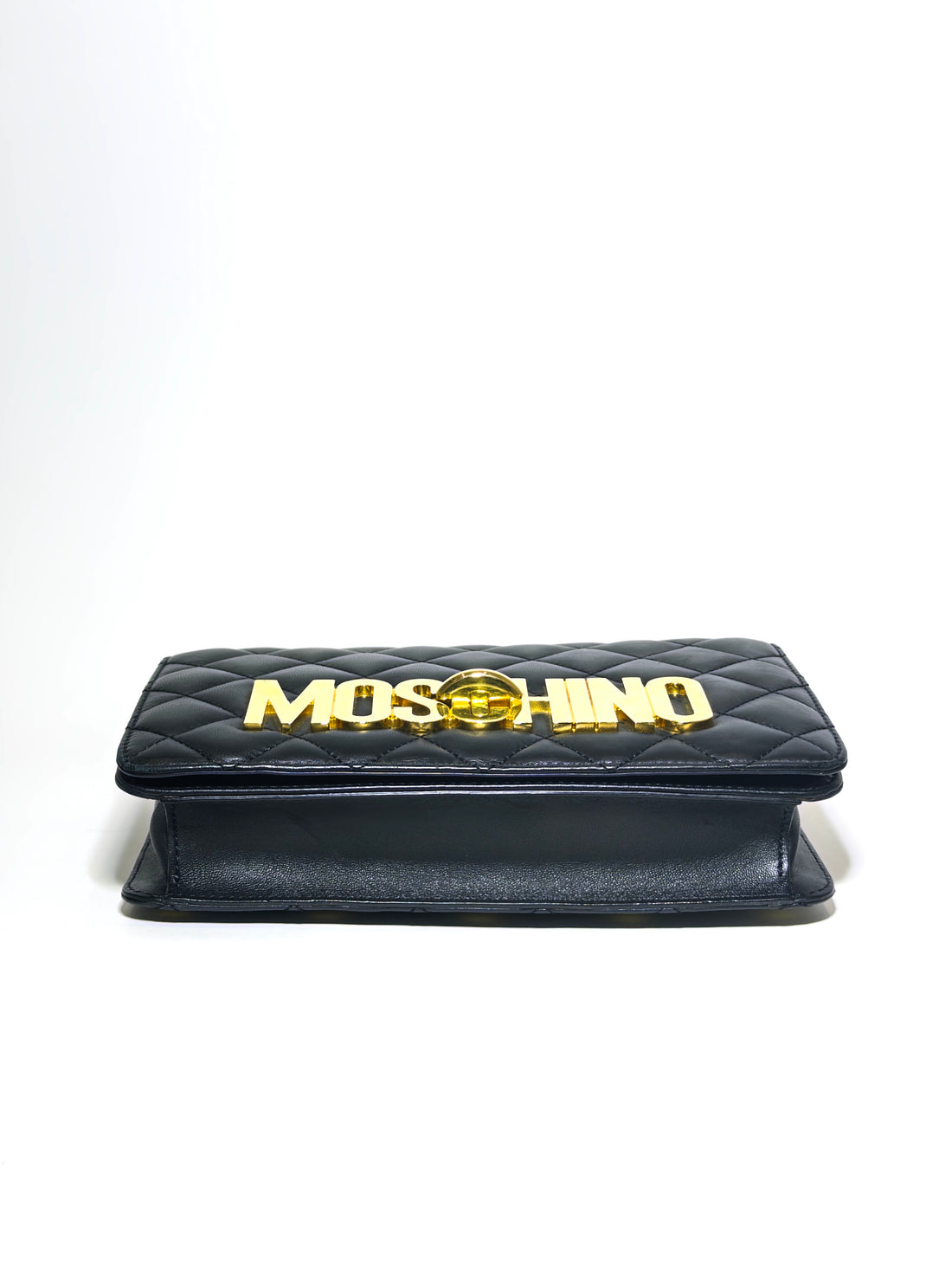 Moschino Black Quilted Leather Logo Flap Shoulder Bag