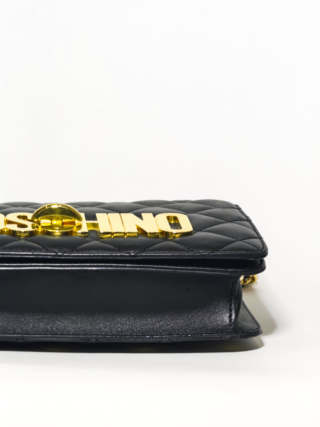 Moschino Black Quilted Leather Logo Flap Shoulder Bag