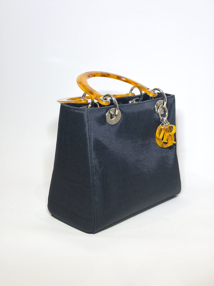 Dior Black Nylon Lady Dior Tortoise Top Handle Bag