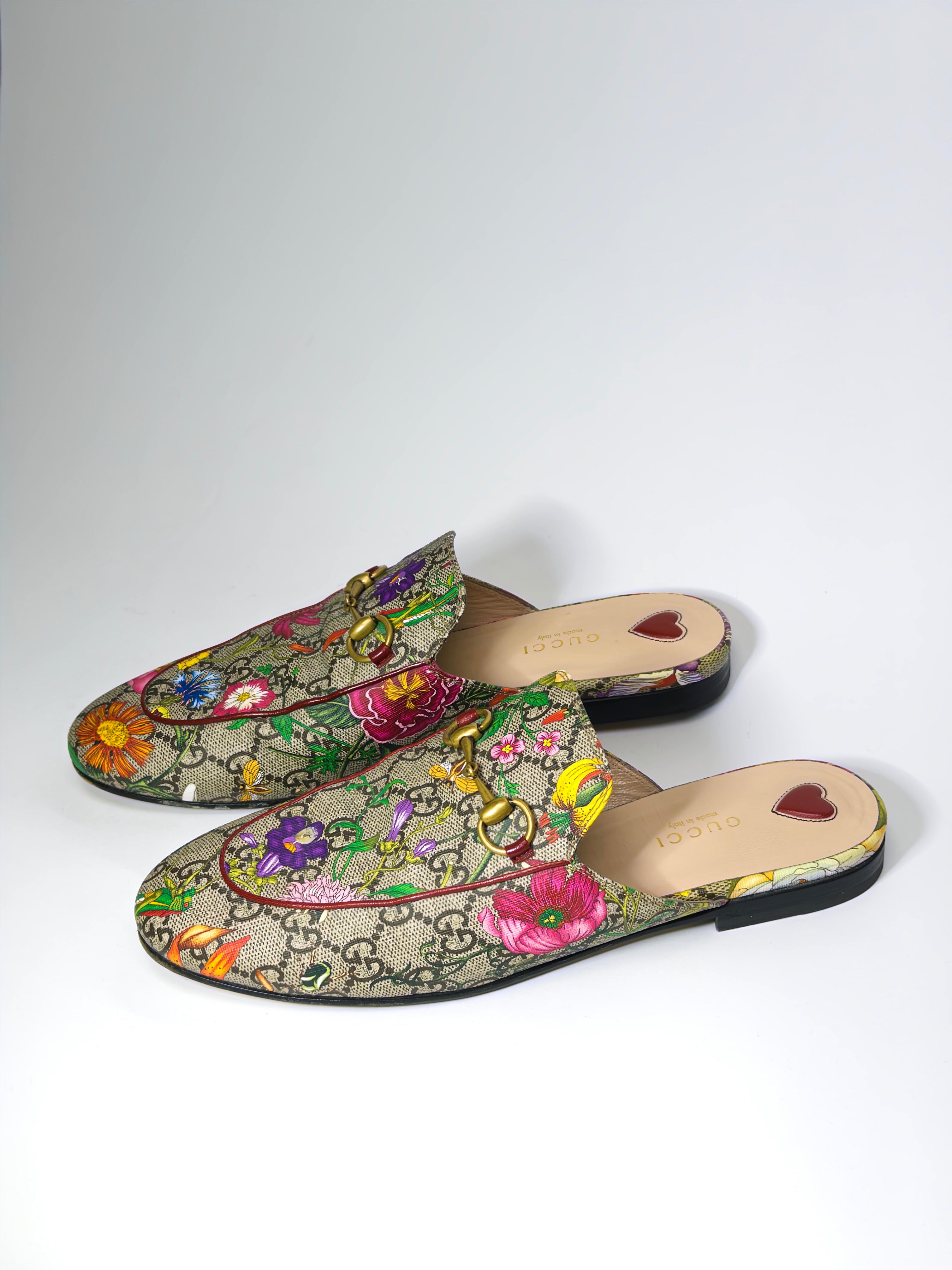 Gucci Floral Print GG Supreme Canvas Princetown Flat Mules