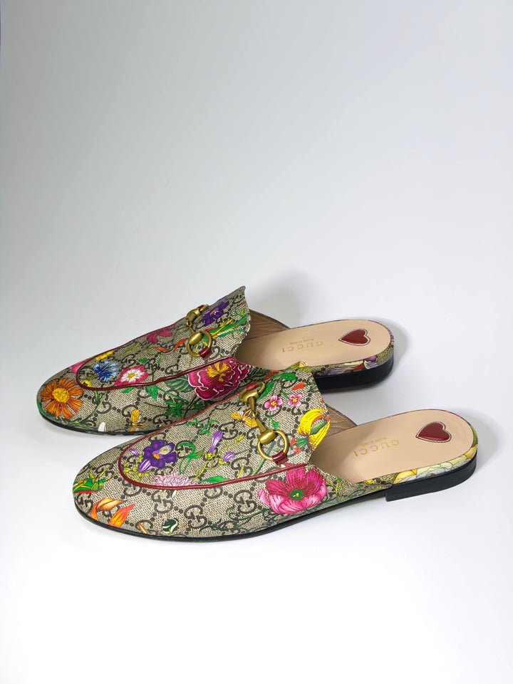 Gucci Floral Print GG Supreme Canvas Princetown Flat Mules