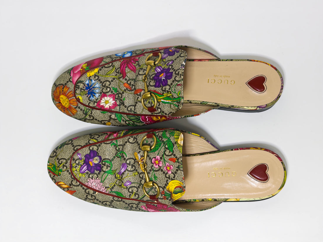 Gucci Floral Print GG Supreme Canvas Princetown Flat Mules