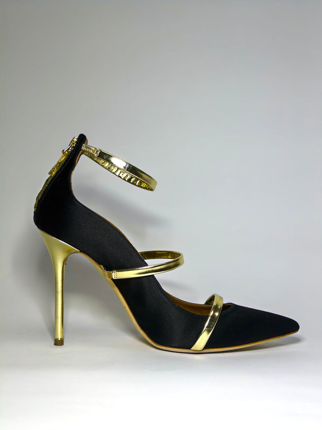 Malone Souliers Black Satin and Gold Leather Robyn Pumps