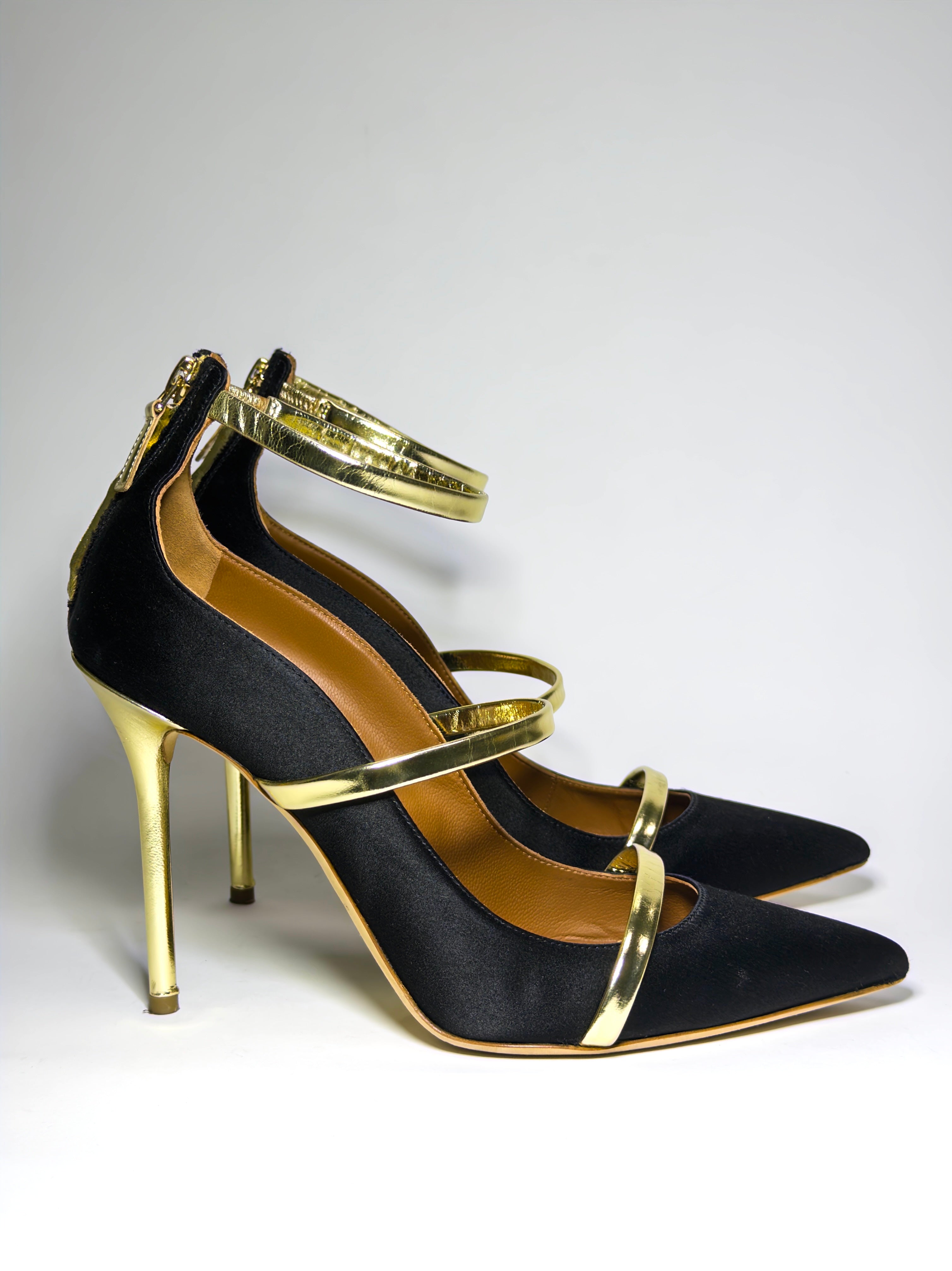 Malone Souliers Black Satin and Gold Leather Robyn Pumps