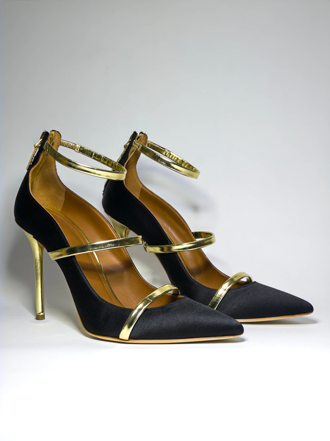 Malone Souliers Black Satin and Gold Leather Robyn Pumps