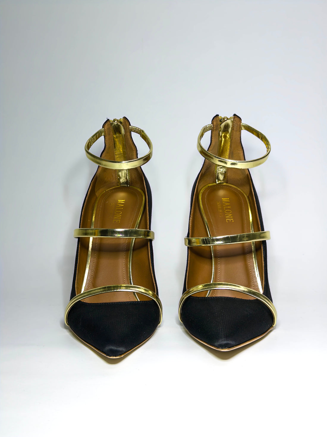 Malone Souliers Black Satin and Gold Leather Robyn Pumps