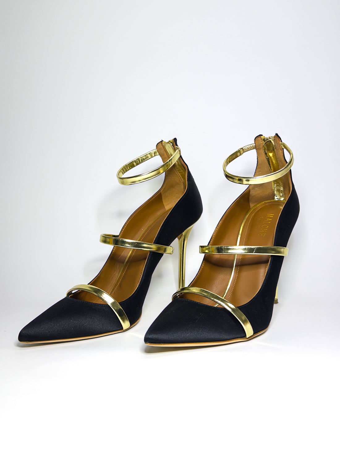 Malone Souliers Black Satin and Gold Leather Robyn Pumps