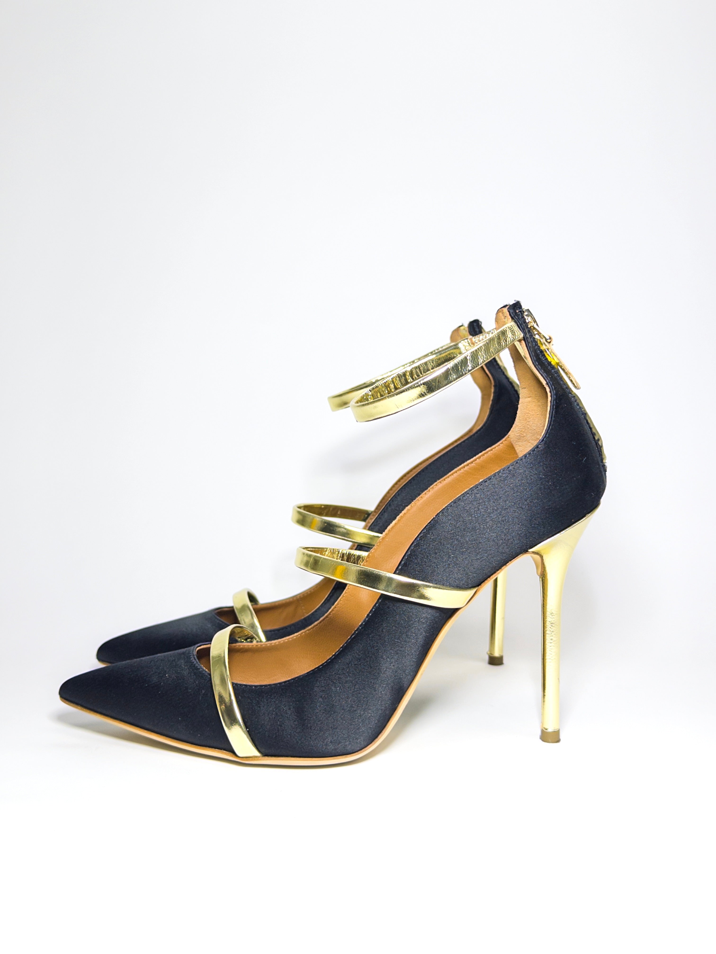 Malone Souliers Black Satin and Gold Leather Robyn Pumps