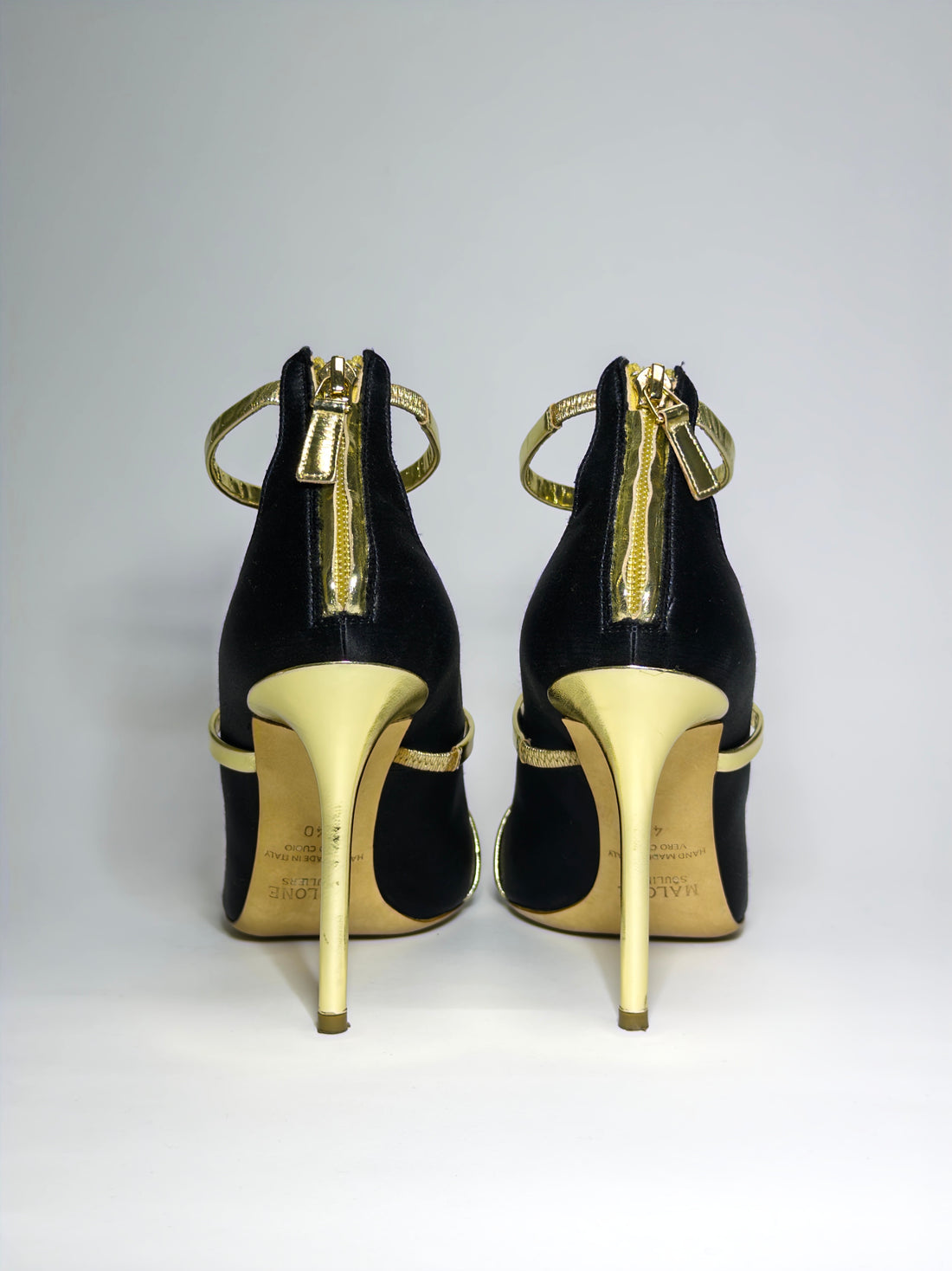 Malone Souliers Black Satin and Gold Leather Robyn Pumps