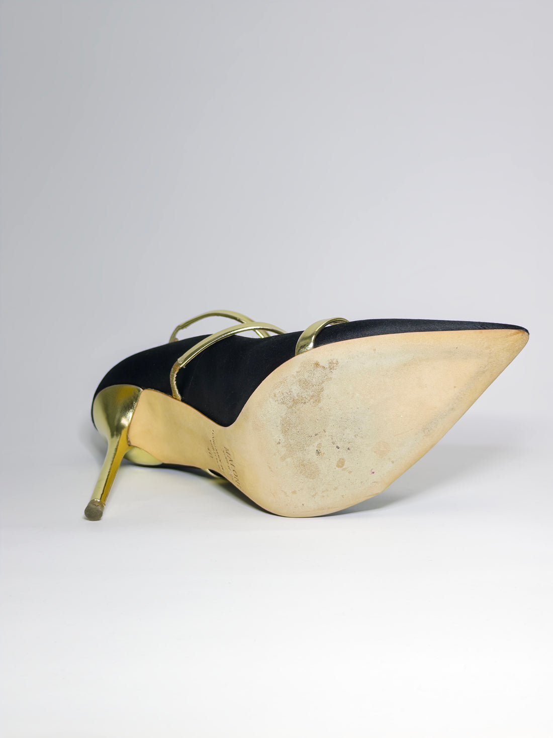 Malone Souliers Black Satin and Gold Leather Robyn Pumps
