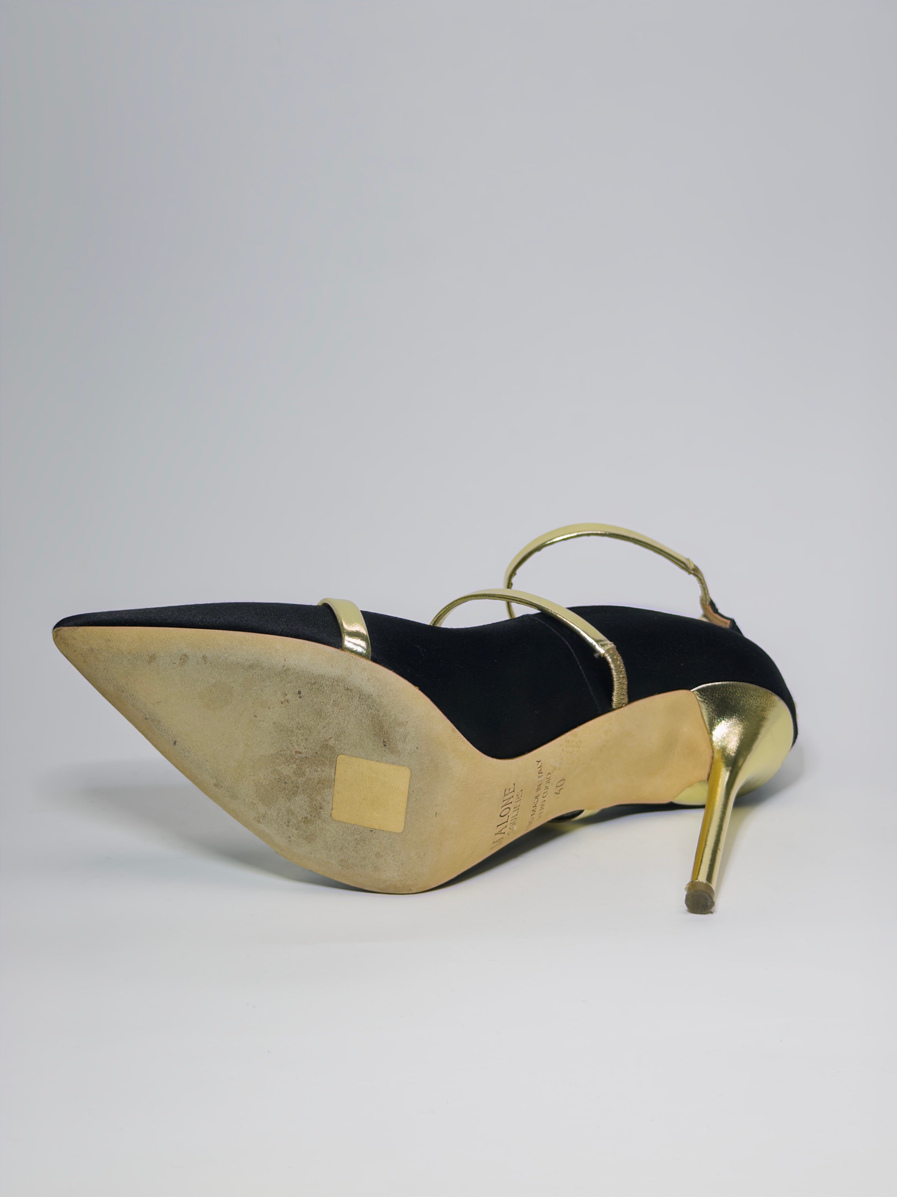 Malone Souliers Black Satin and Gold Leather Robyn Pumps