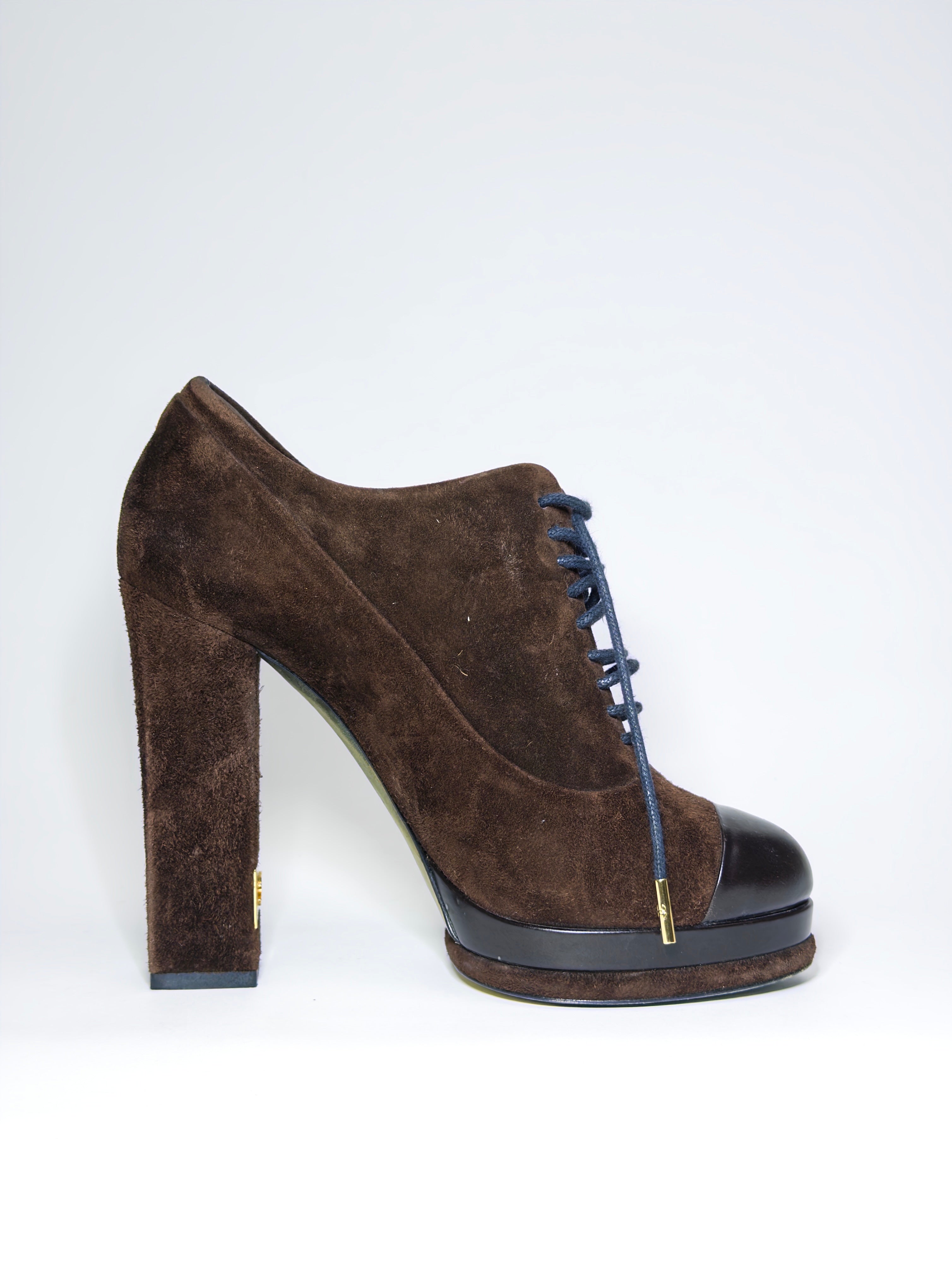 Chanel Brown Suede and Leather Cap Toe Platform Ankle Boots