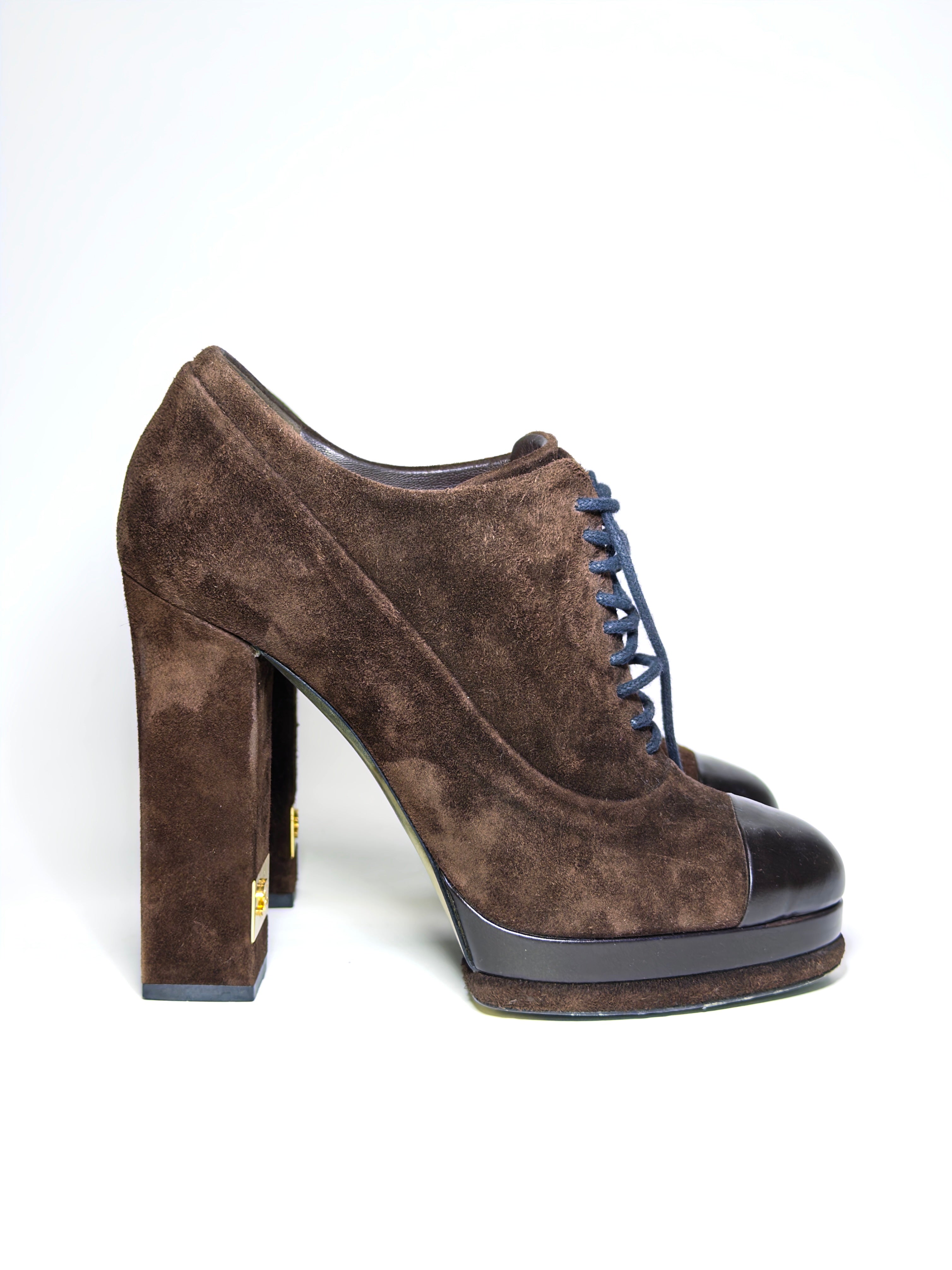 Chanel Brown Suede and Leather Cap Toe Platform Ankle Boots