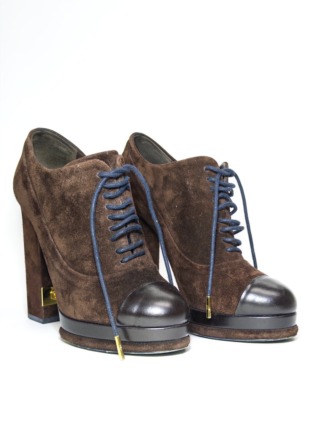 Chanel Brown Suede and Leather Cap Toe Platform Ankle Boots