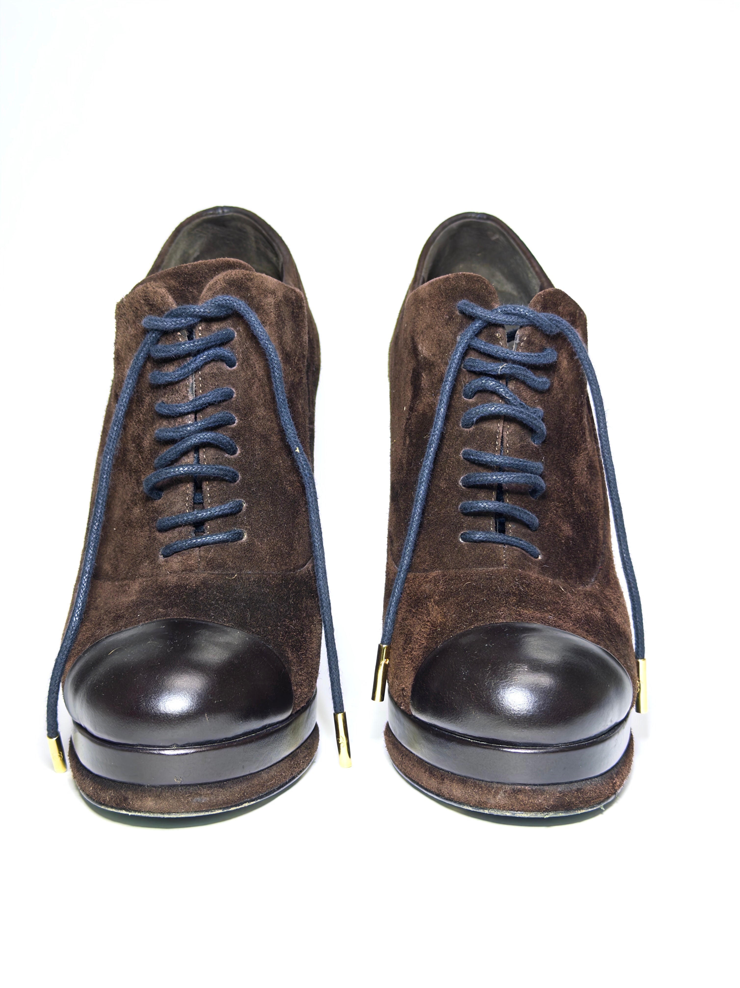 Chanel Brown Suede and Leather Cap Toe Platform Ankle Boots