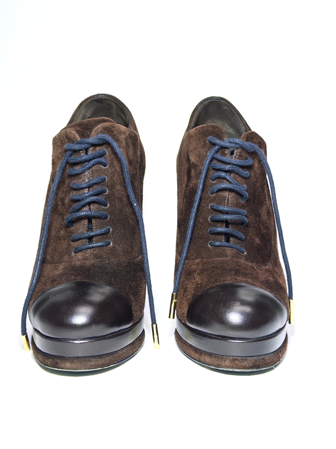 Chanel Brown Suede and Leather Cap Toe Platform Ankle Boots