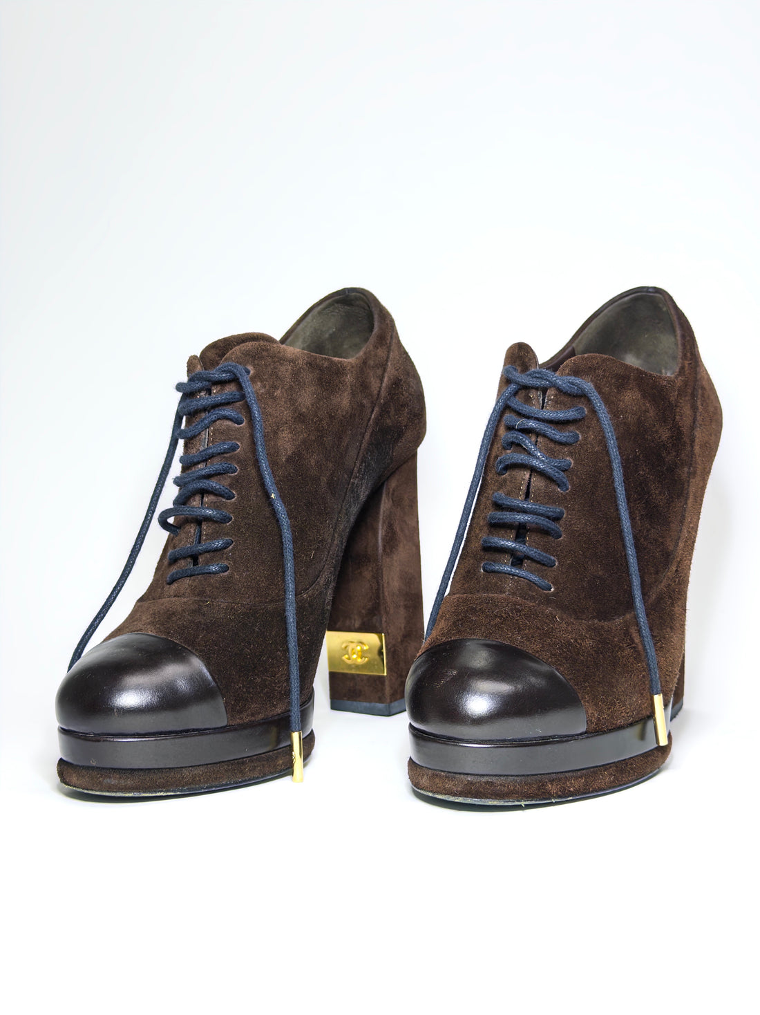 Chanel Brown Suede and Leather Cap Toe Platform Ankle Boots