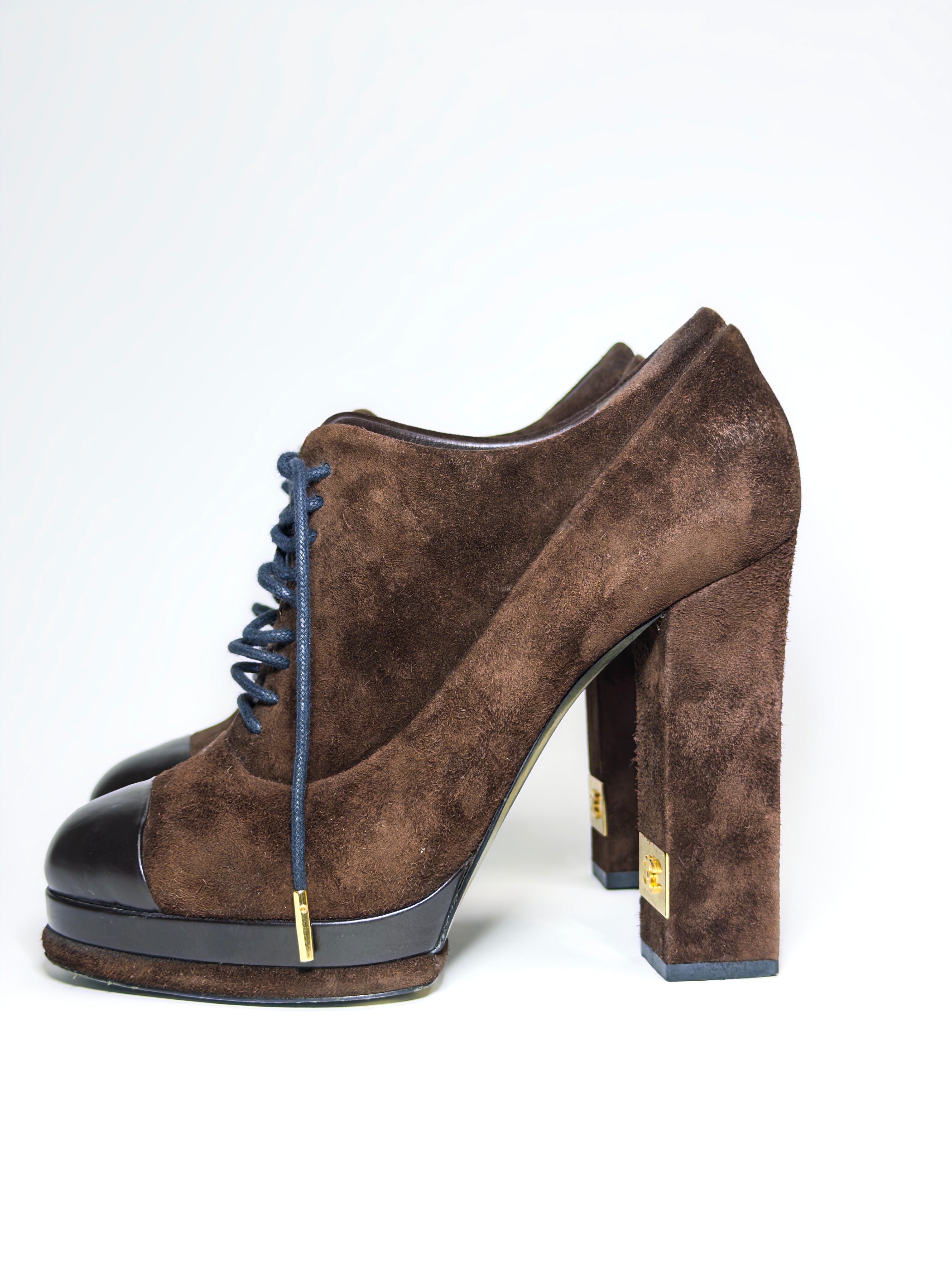 Chanel Brown Suede and Leather Cap Toe Platform Ankle Boots